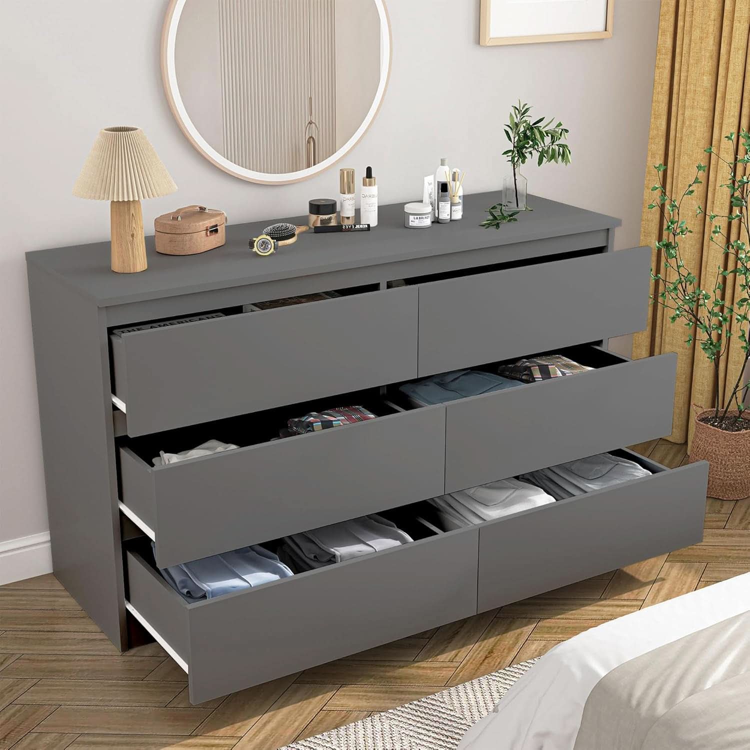 Grey 6 Drawer Dresser for Bedroom Modern Wood Storage