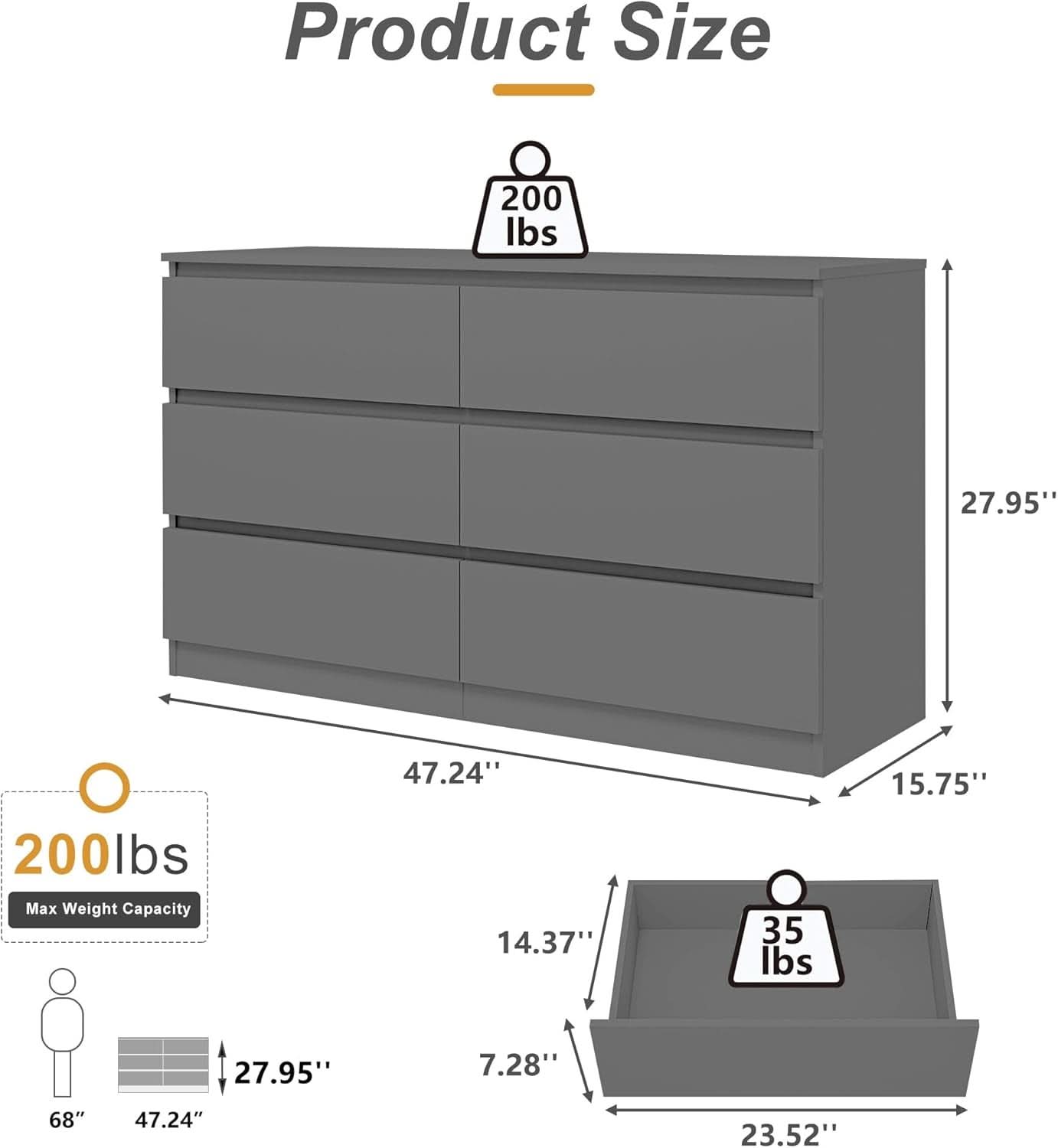 Grey 6 Drawer Dresser for Bedroom Modern Wood Storage