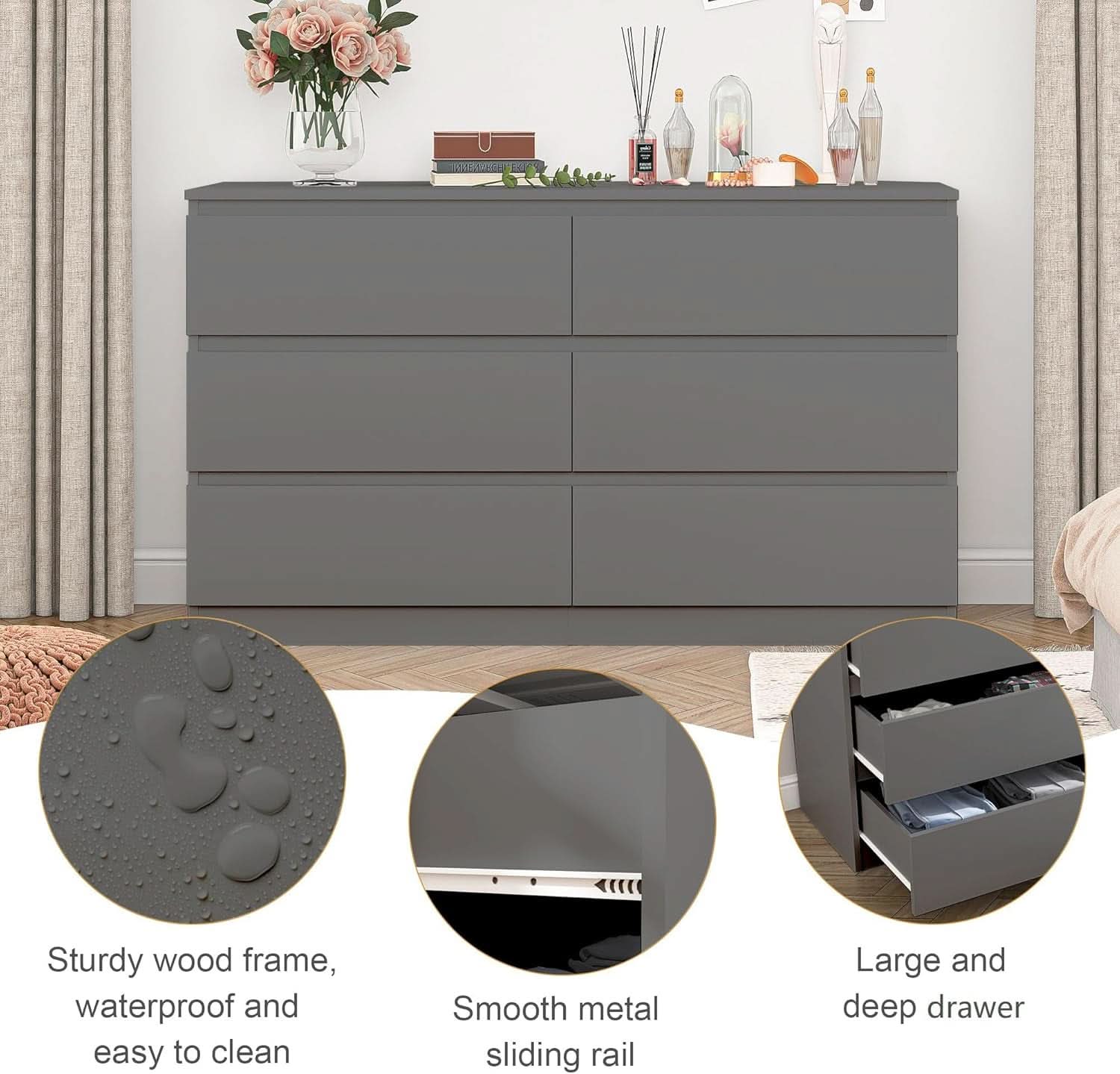 Grey 6 Drawer Dresser for Bedroom Modern Wood Storage