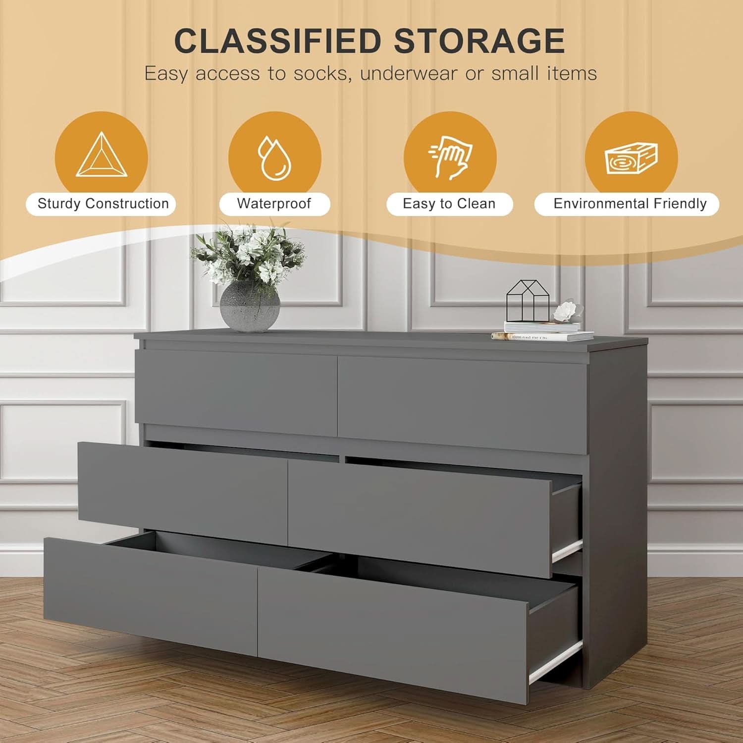 Grey 6 Drawer Dresser for Bedroom Modern Wood Storage