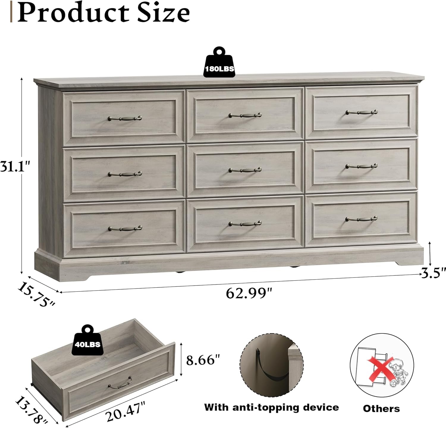 Grey 63 Inch Nine Drawer Farmhouse Dresser With Anti Tip Safety