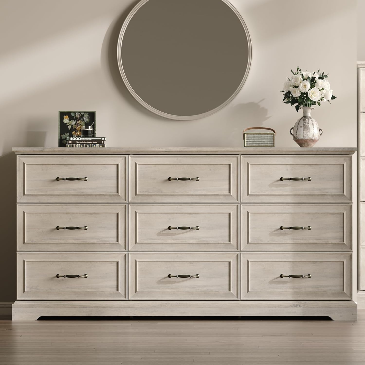 Grey 63 Inch Nine Drawer Farmhouse Dresser With Anti Tip Safety