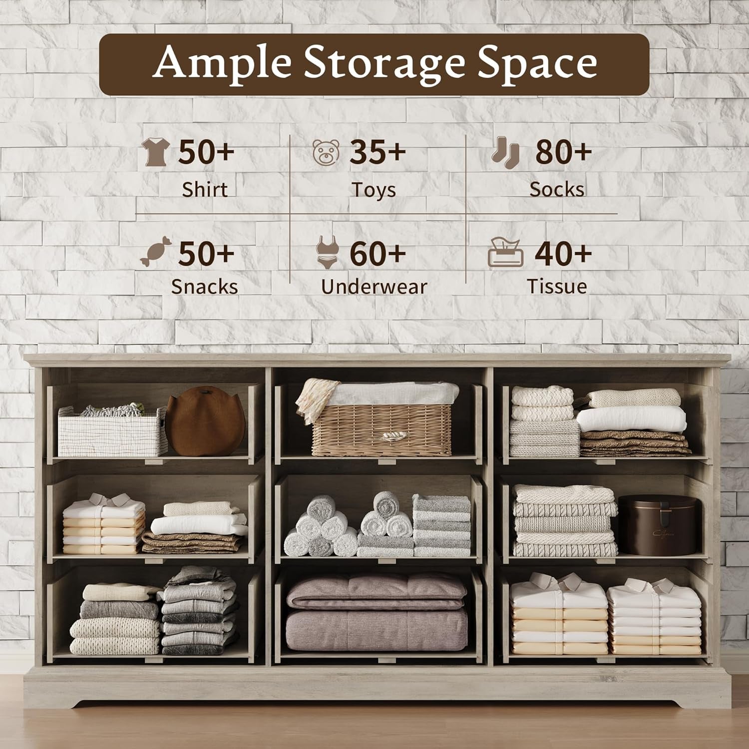 Grey 63 Inch Nine Drawer Farmhouse Dresser With Anti Tip Safety