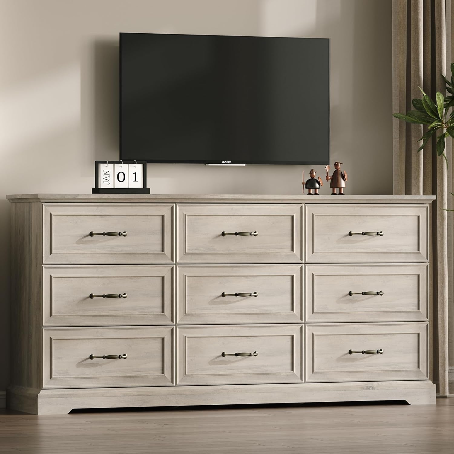 Grey 63 Inch Nine Drawer Farmhouse Dresser With Anti Tip Safety