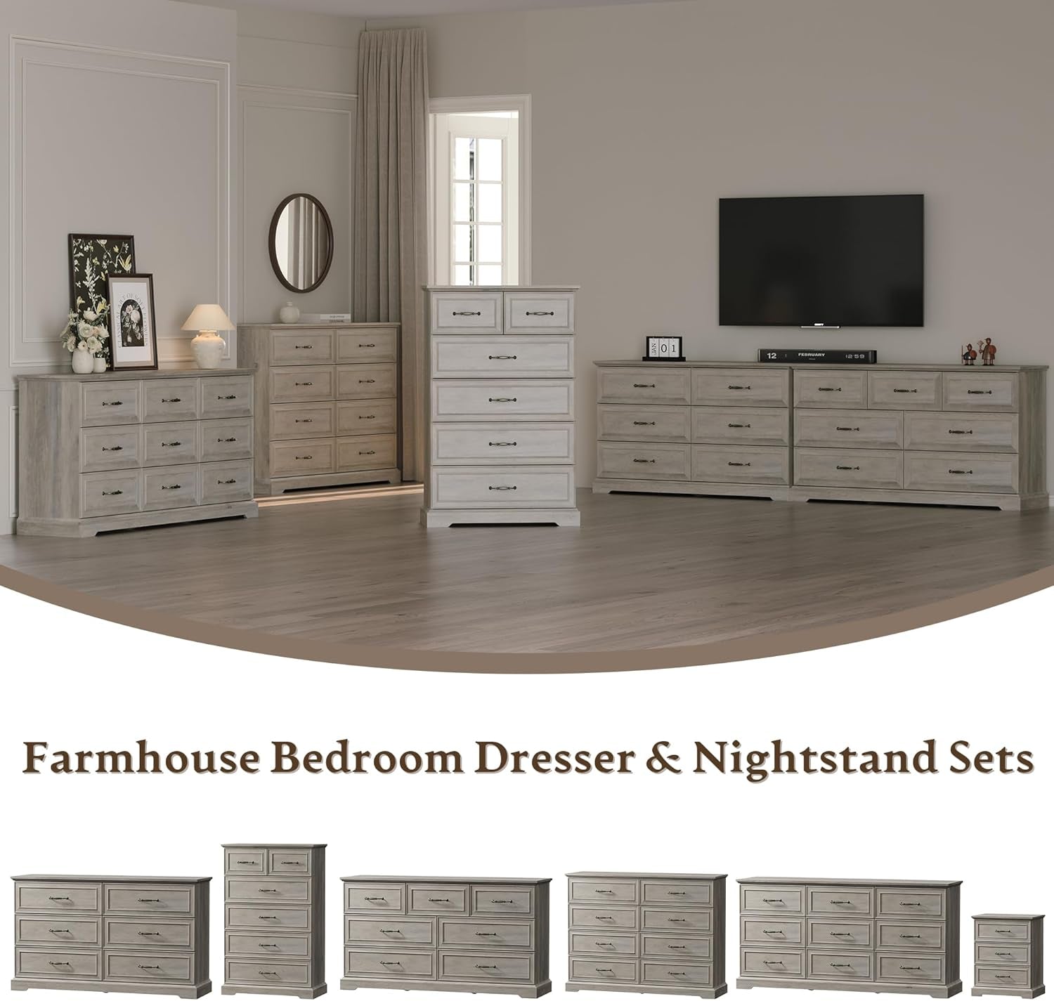 Grey 63 Inch Nine Drawer Farmhouse Dresser With Anti Tip Safety