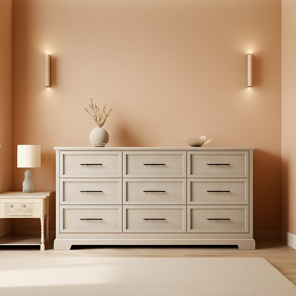 Grey 63 Inch Nine Drawer Farmhouse Dresser With Anti Tip Safety