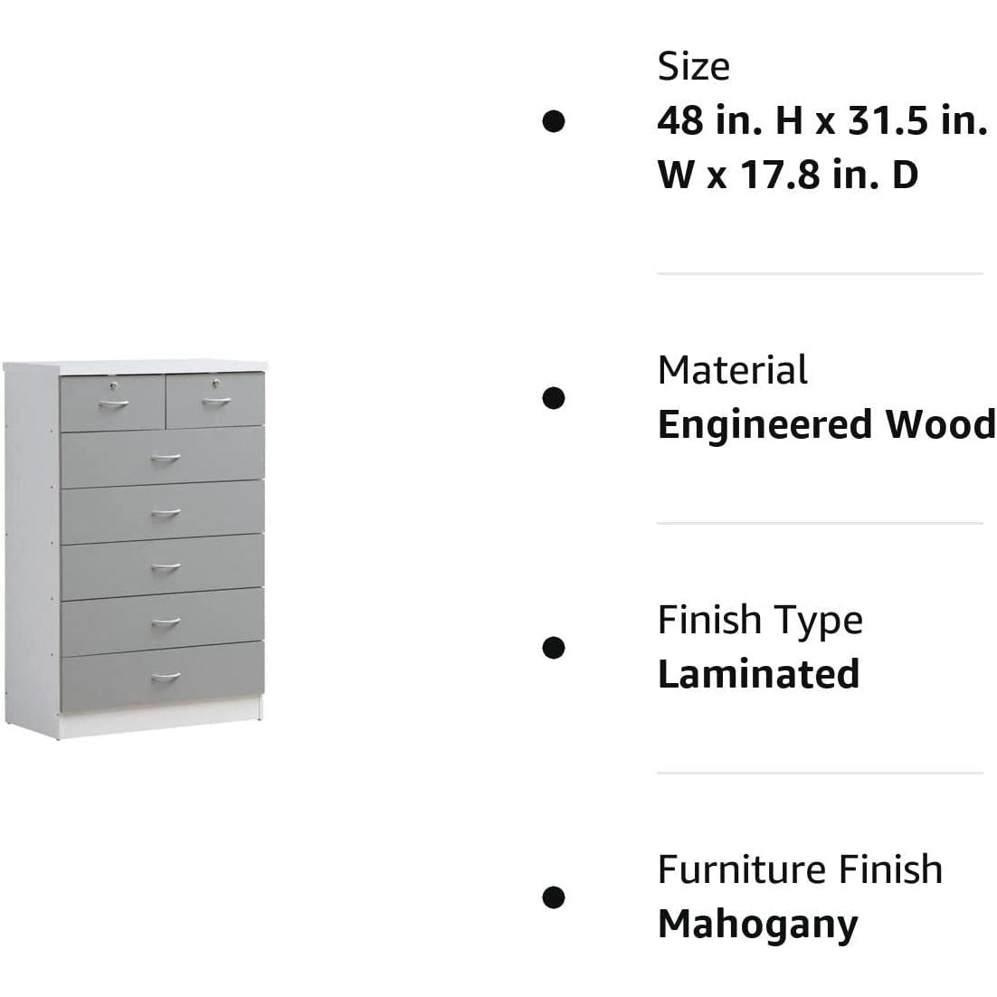 Grey 7 Drawer Dresser With Top Locks For Bedroom Storage