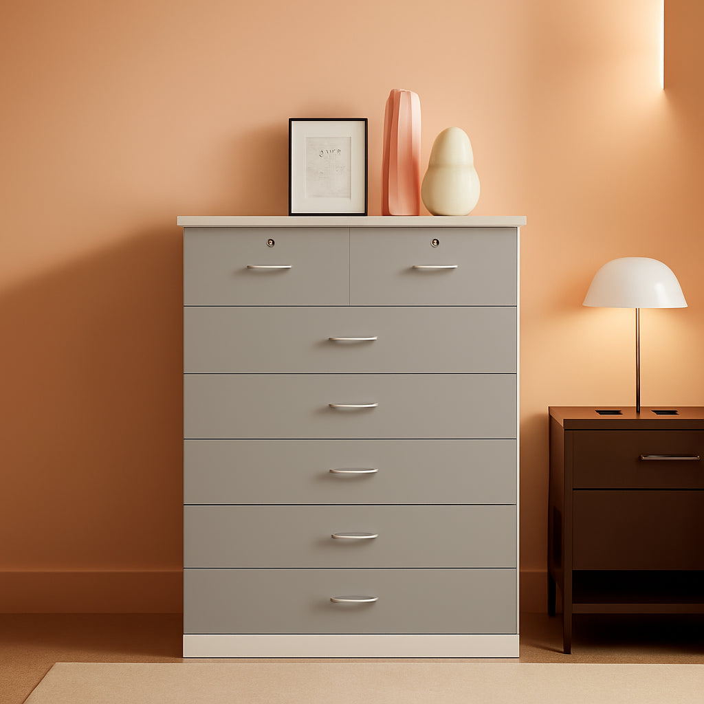 Grey 7 Drawer Dresser With Top Locks For Bedroom Storage