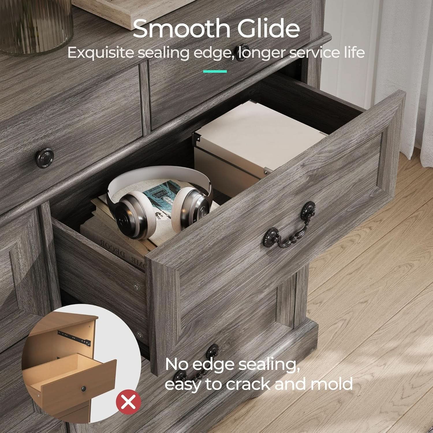 Grey 9-Drawer SolidWood Dresser For Bedroom Storage