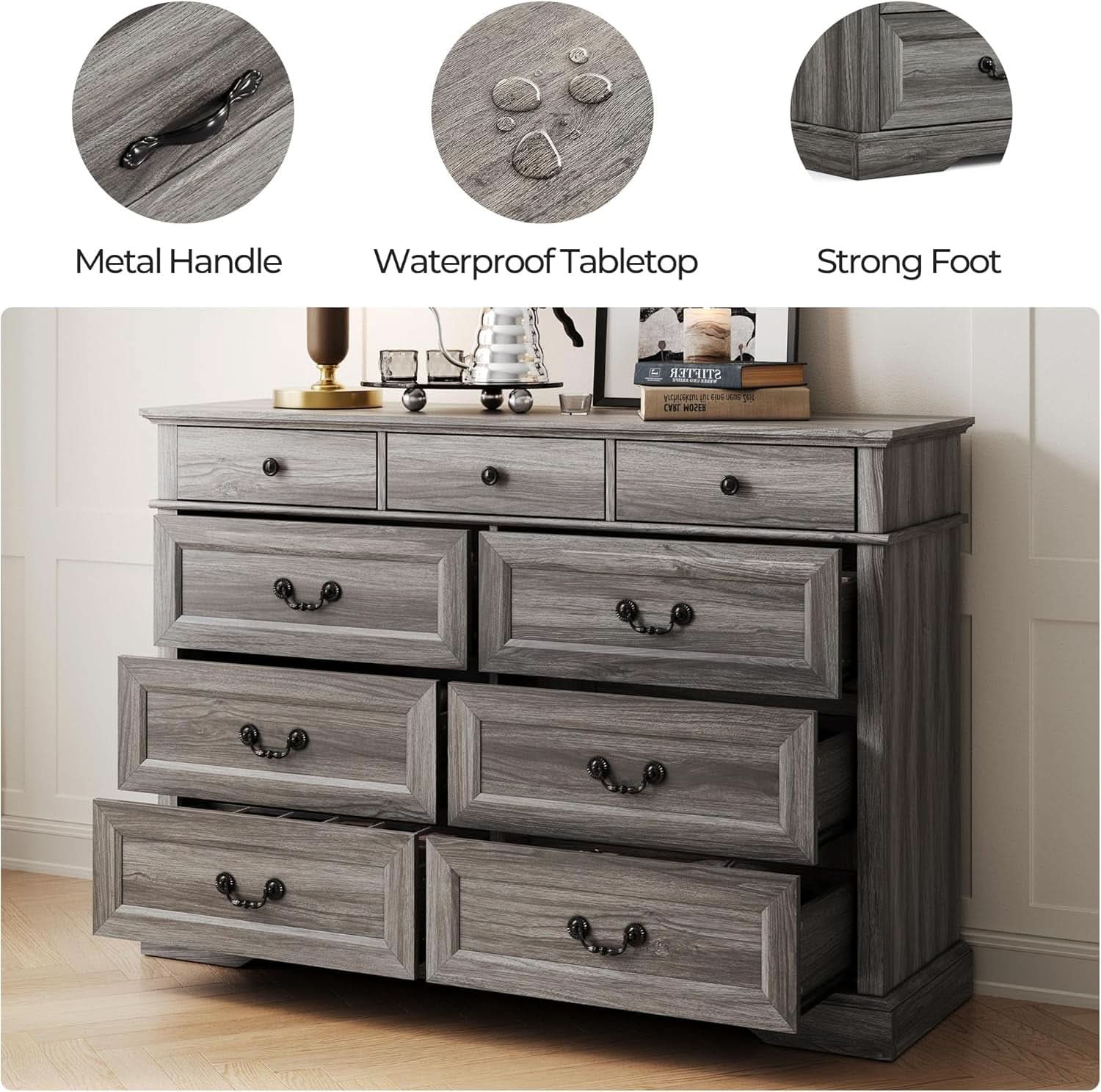 Grey 9-Drawer SolidWood Dresser For Bedroom Storage