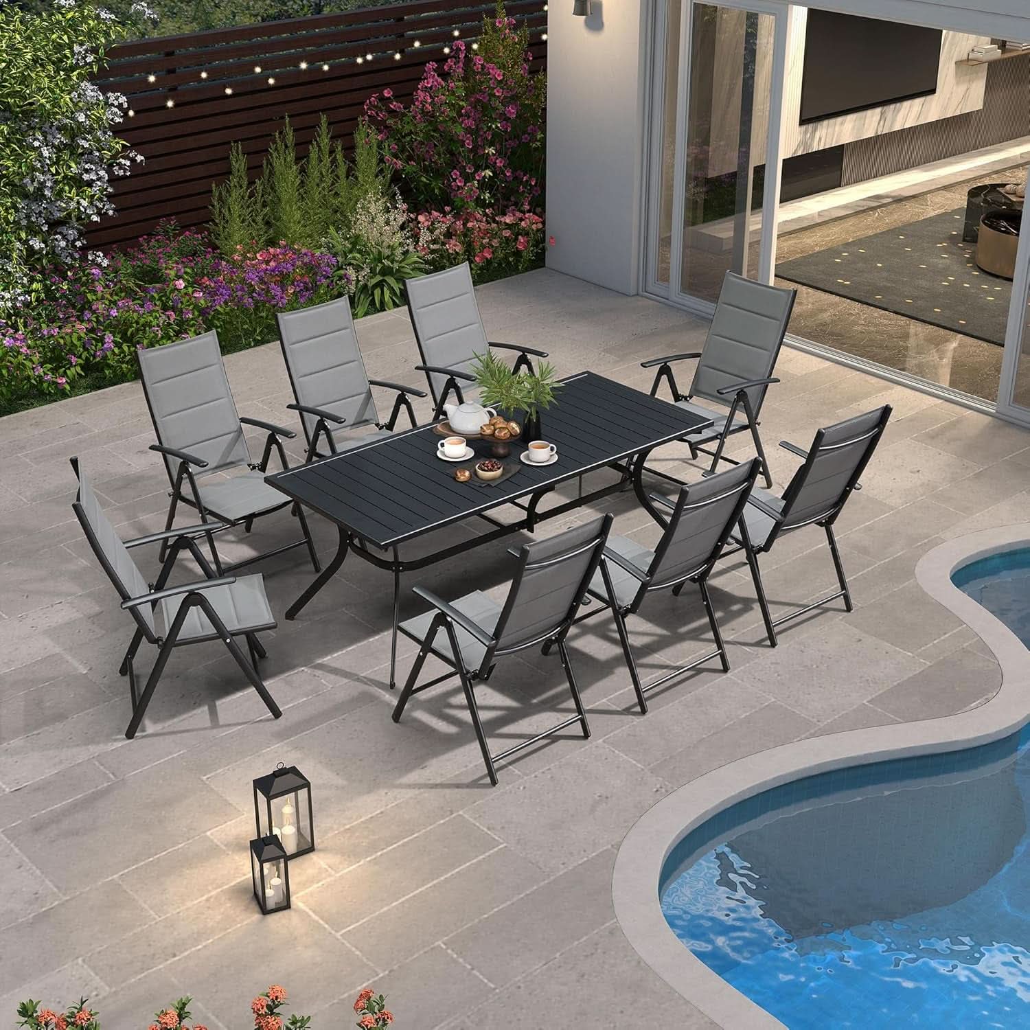 Grey 9 Piece Outdoor Patio Dining Set With 8 Folding Chairs And Aluminum Table