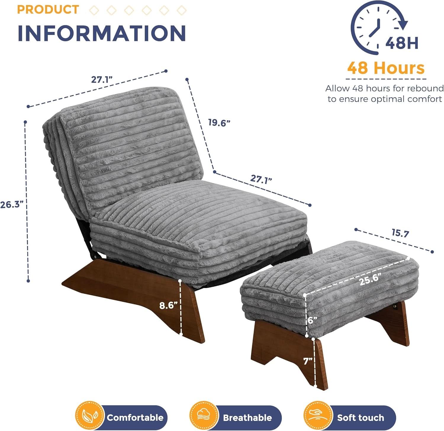 Grey Adjustable Accent Chair Featuring Plush Ottoman
