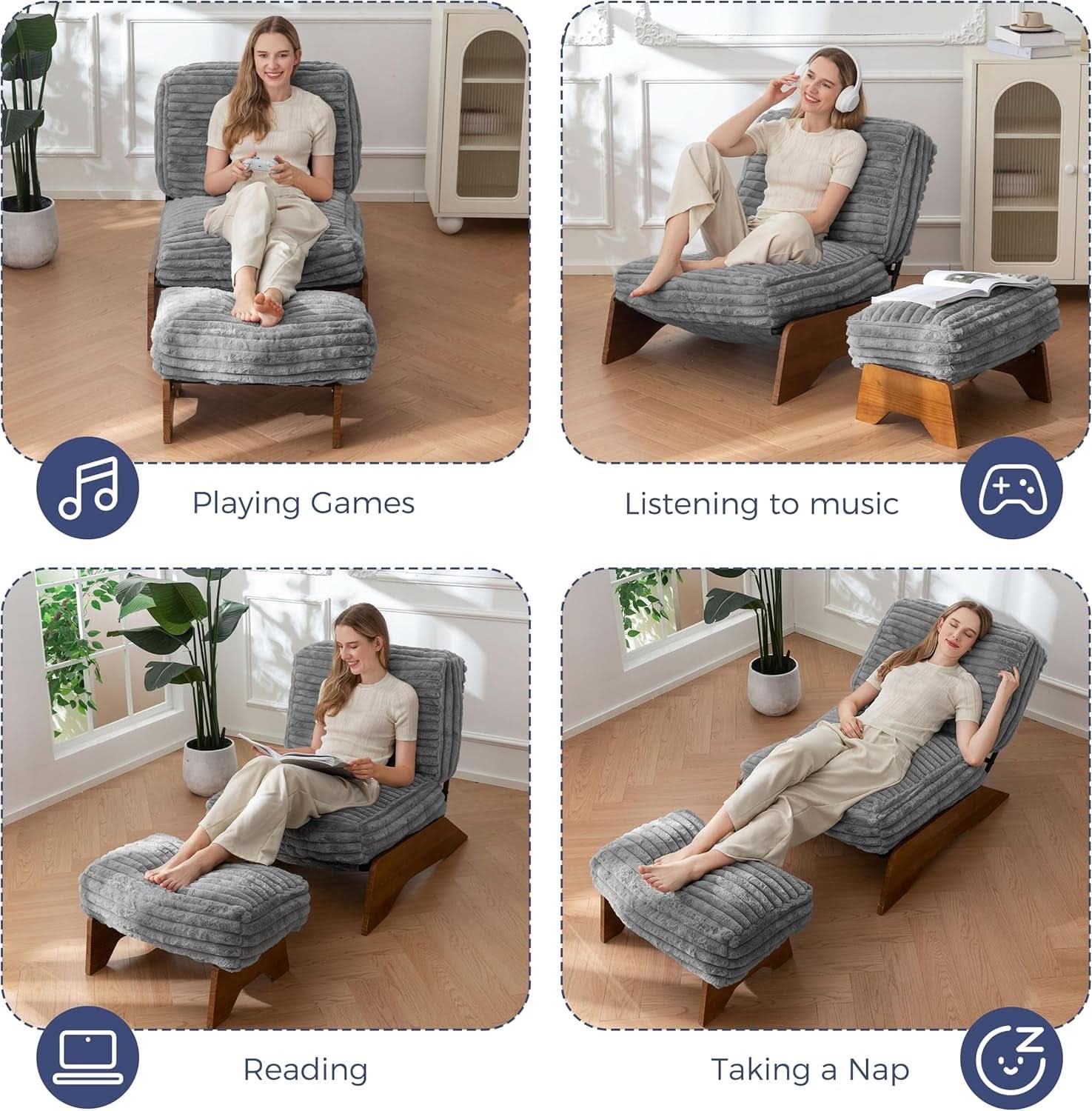 Grey Adjustable Accent Chair Featuring Plush Ottoman