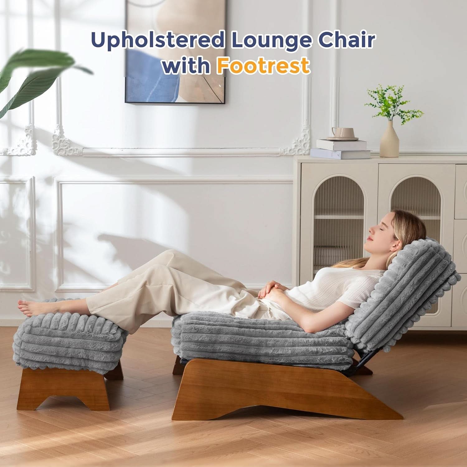 Grey Adjustable Accent Chair Featuring Plush Ottoman
