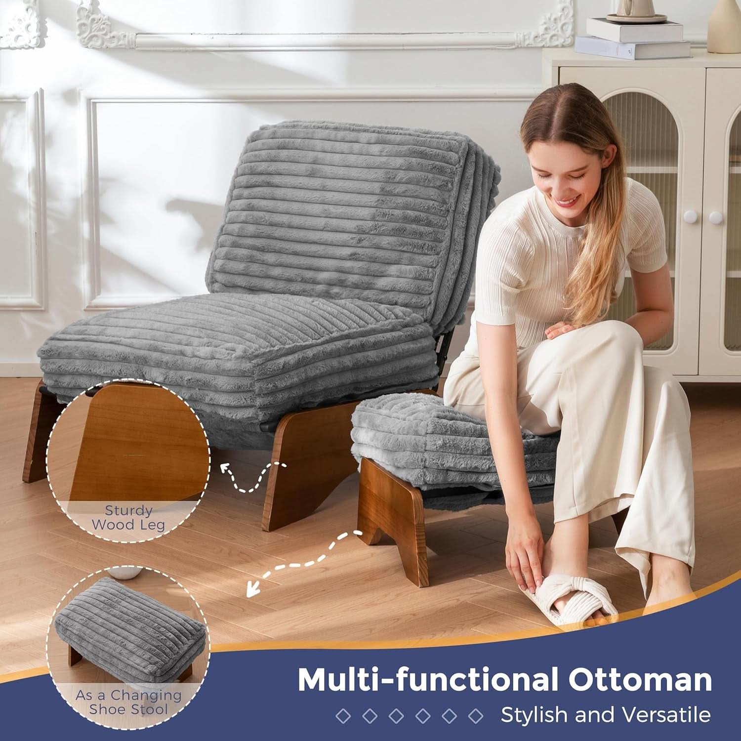 Grey Adjustable Accent Chair Featuring Plush Ottoman