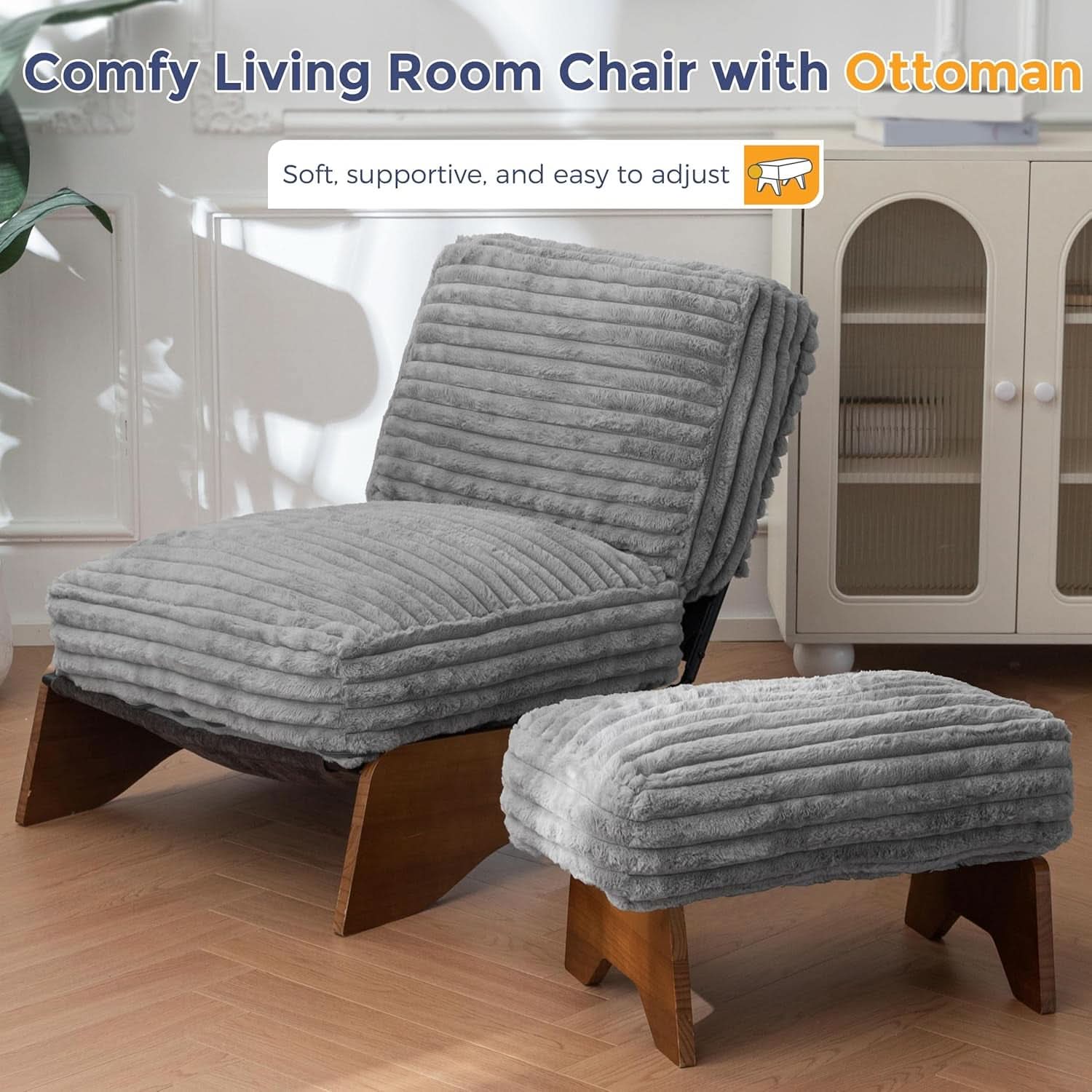 Grey Adjustable Accent Chair Featuring Plush Ottoman