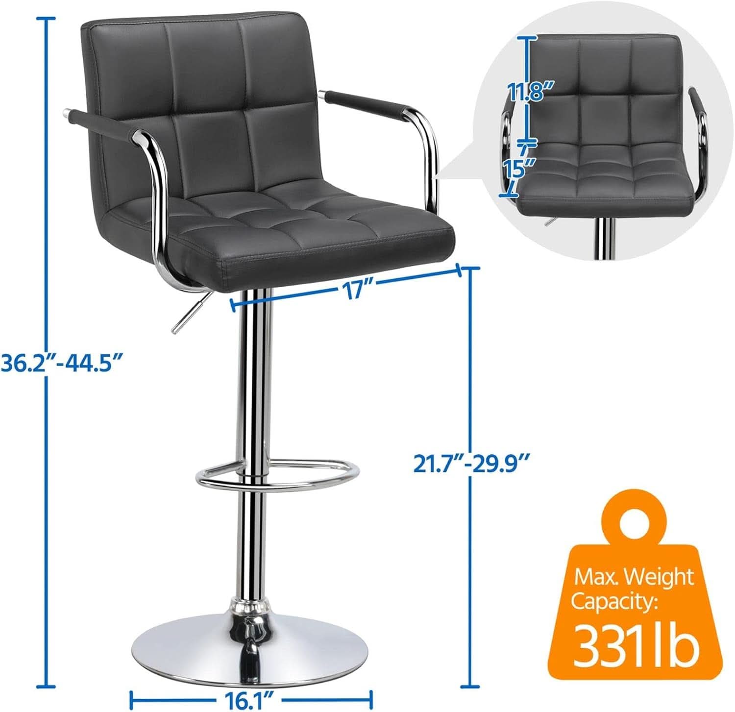 Grey Adjustable PU Leather Swivel Bar Stools Set Of 2