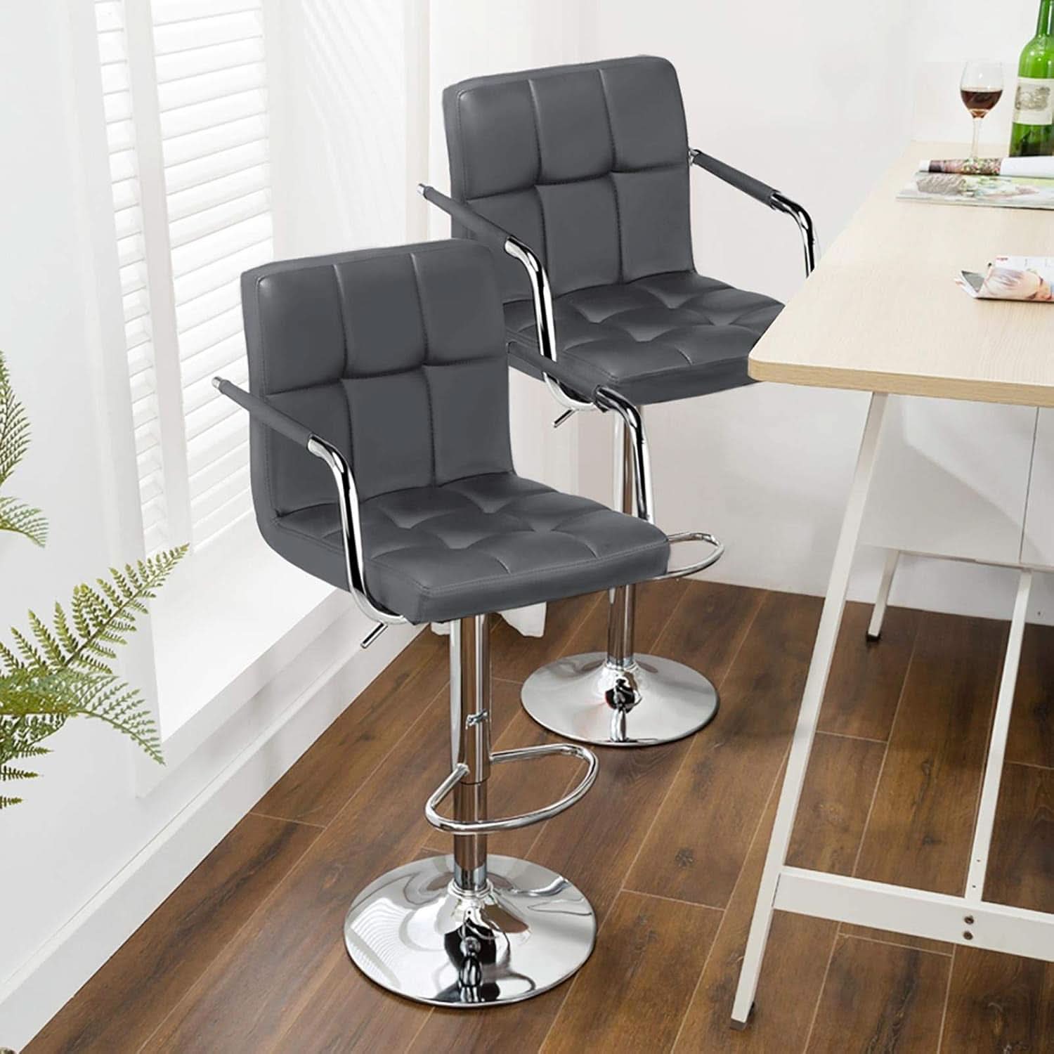 Grey Adjustable PU Leather Swivel Bar Stools Set Of 2