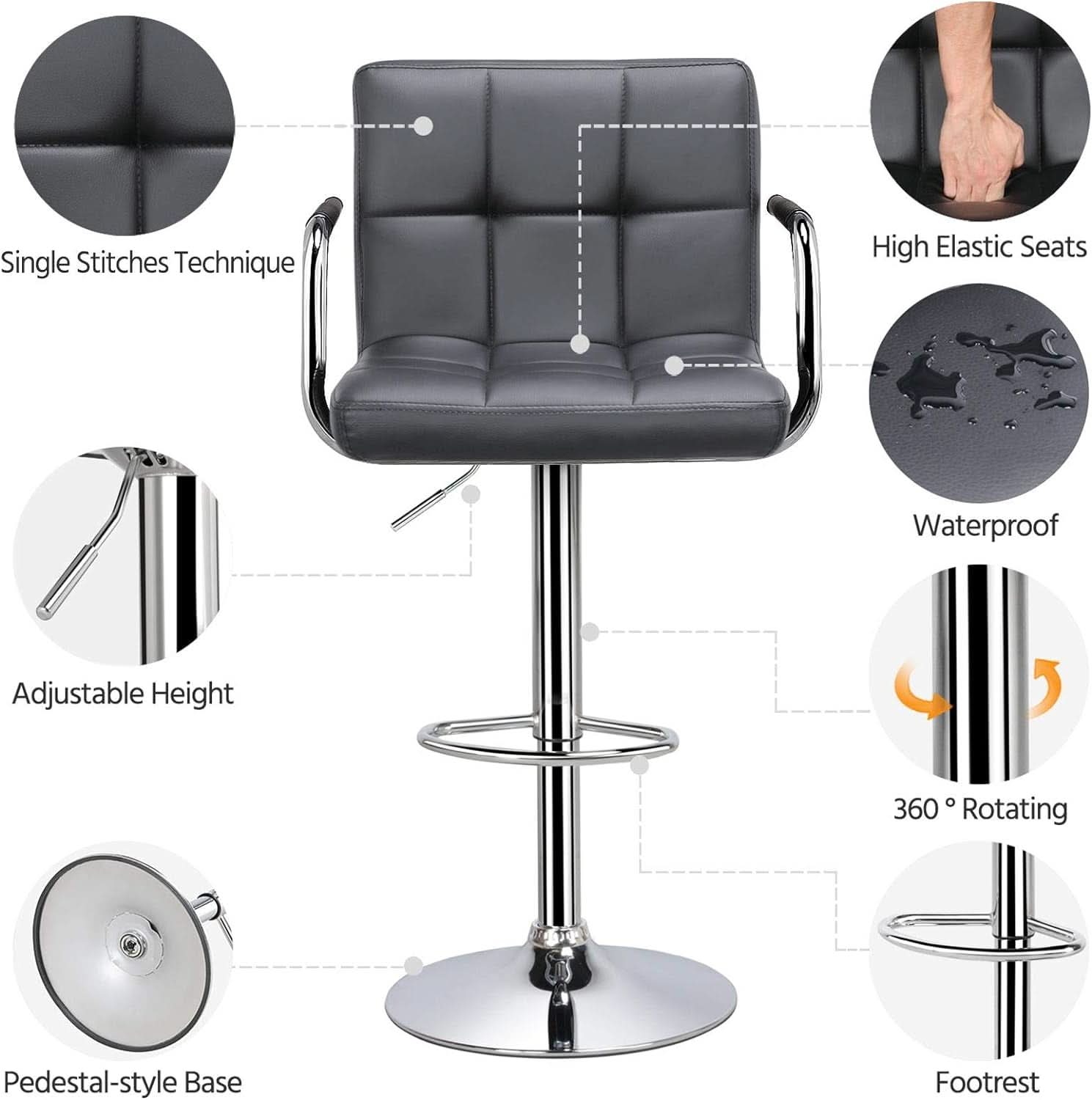 Grey Adjustable PU Leather Swivel Bar Stools Set Of 2