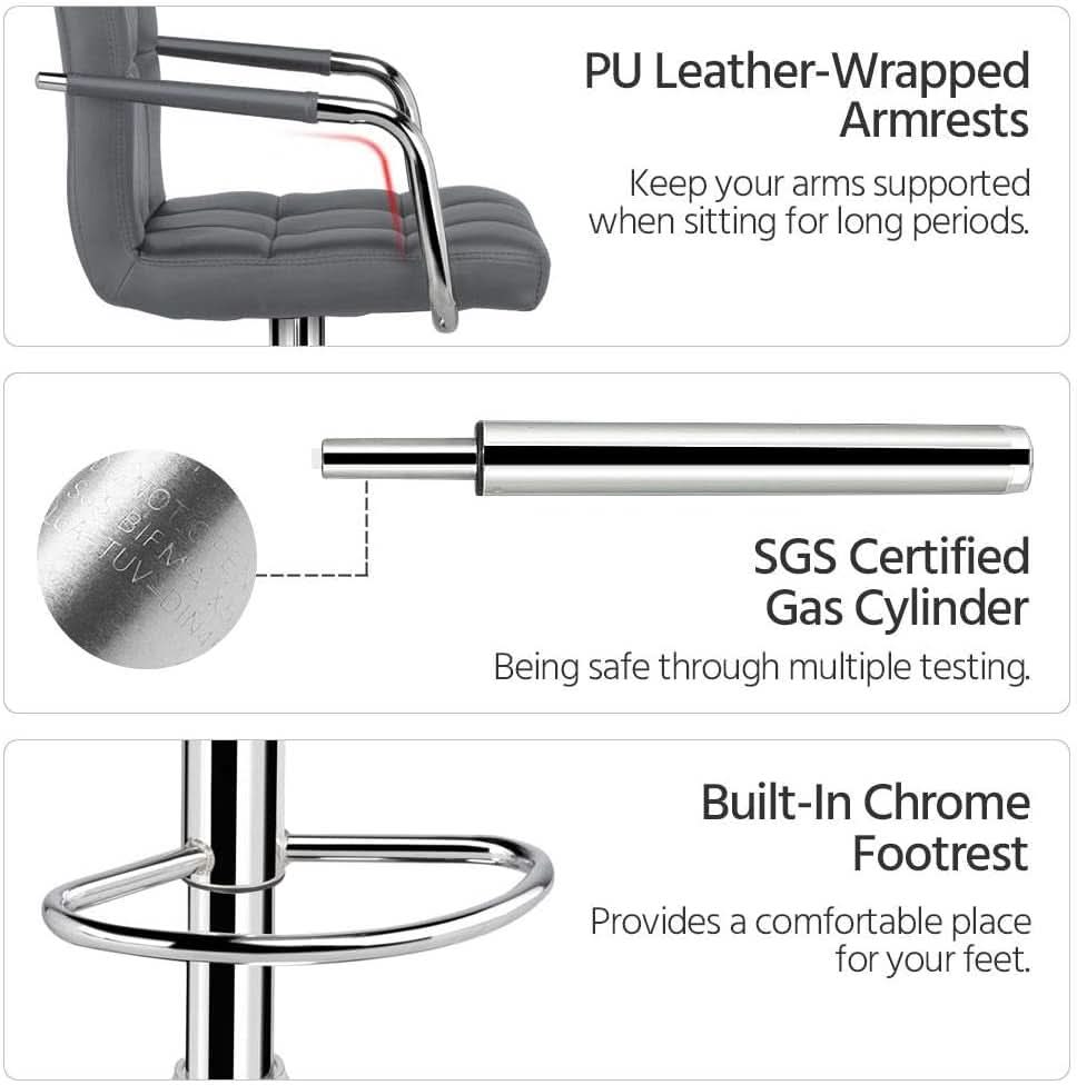Grey Adjustable PU Leather Swivel Bar Stools Set Of 2