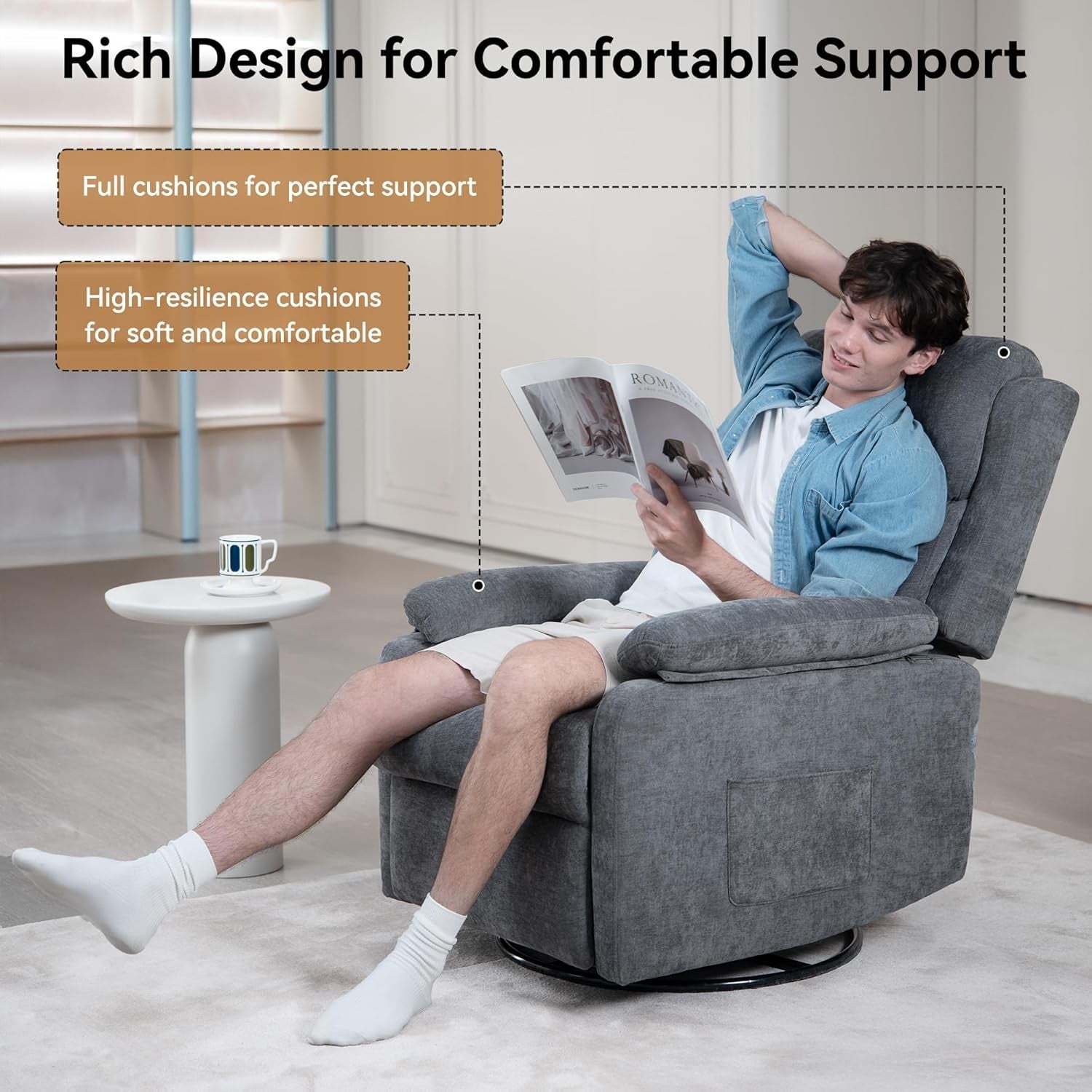 Grey Adjustable Swivel Rocker Recliner Chair With Adjustable Backrest