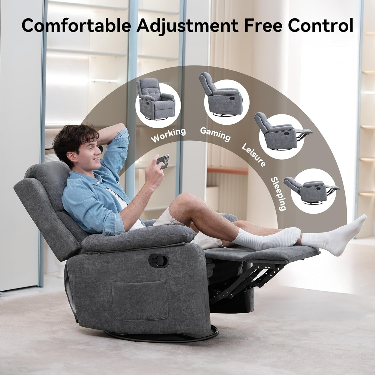 Grey Adjustable Swivel Rocker Recliner Chair With Adjustable Backrest