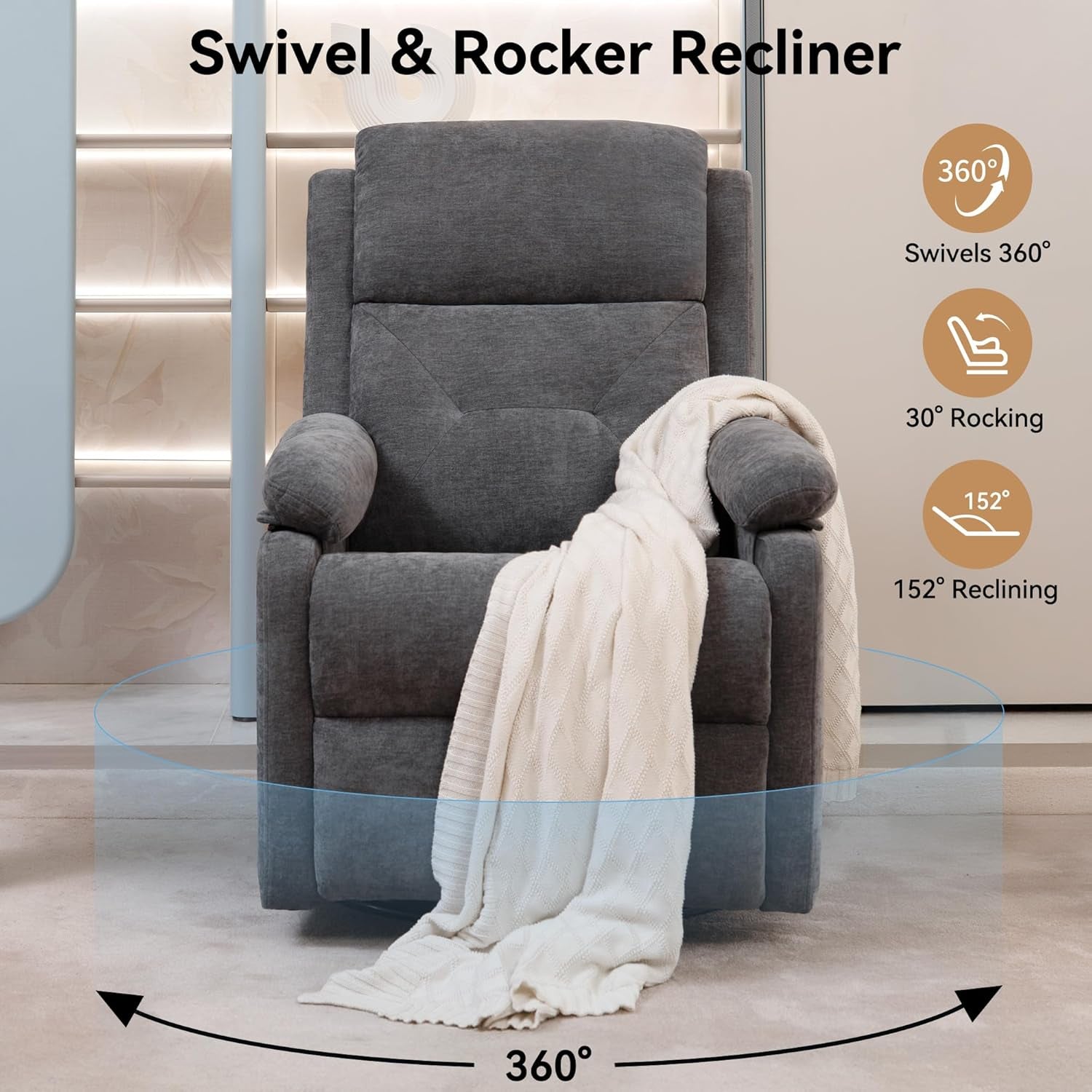 Grey Adjustable Swivel Rocker Recliner Chair With Adjustable Backrest
