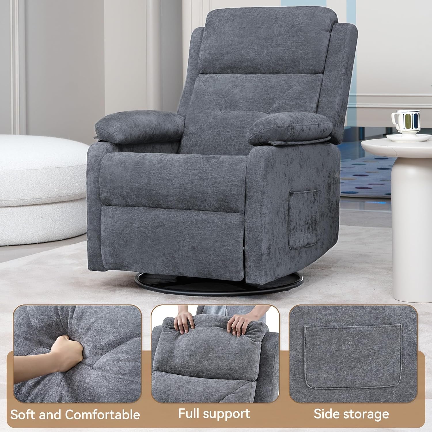 Grey Adjustable Swivel Rocker Recliner Chair With Adjustable Backrest