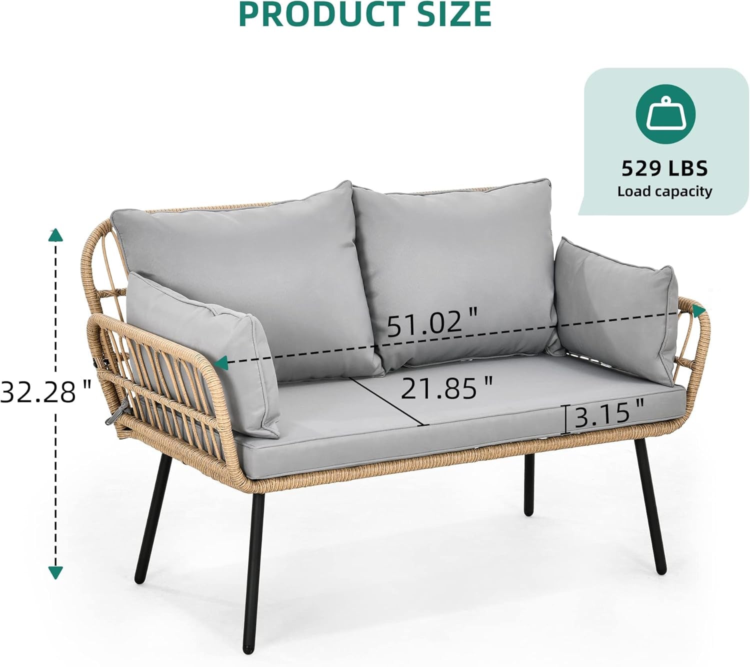 Grey All Weather Wicker Patio Loveseat 2 Seater Cushions