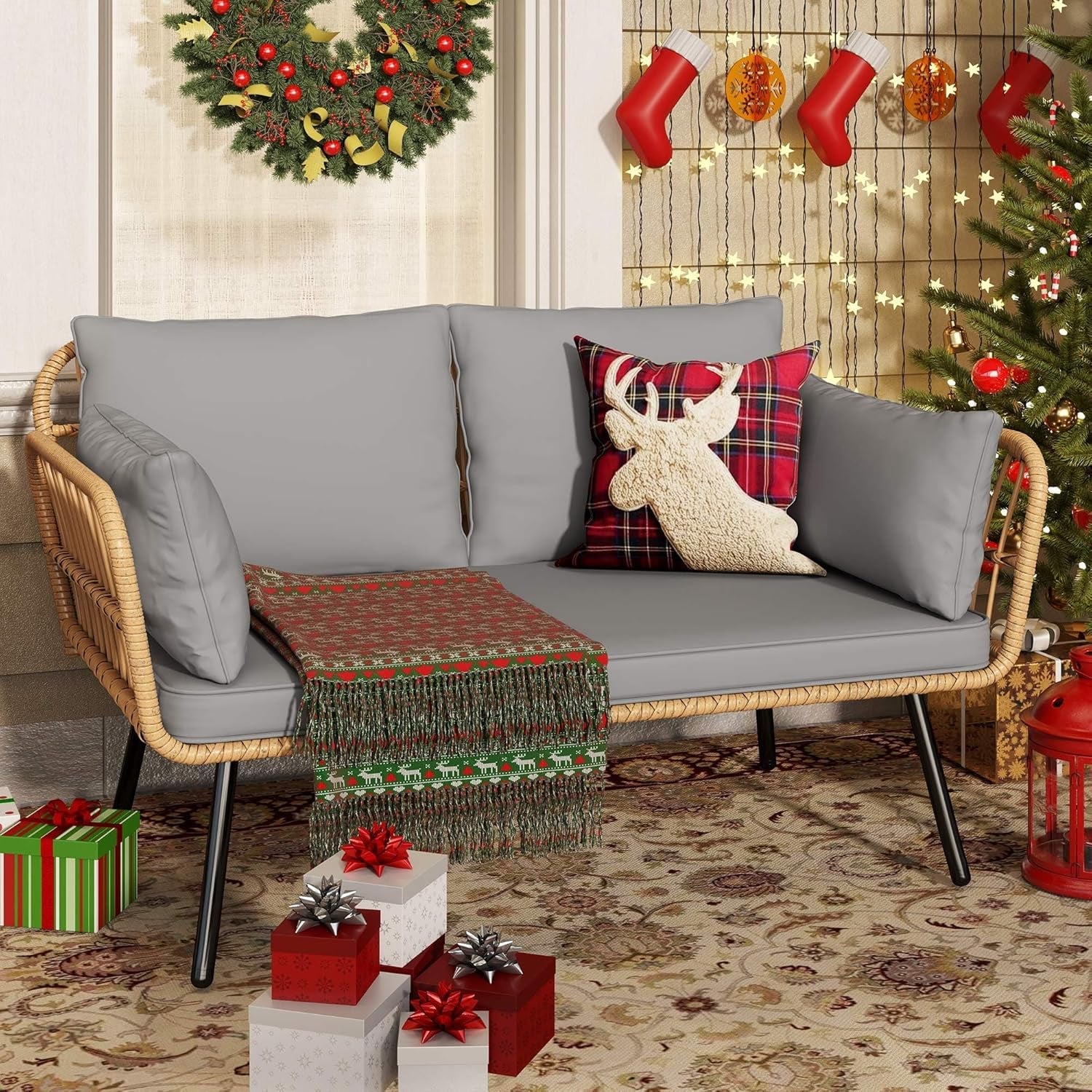 Grey All Weather Wicker Patio Loveseat 2 Seater Cushions