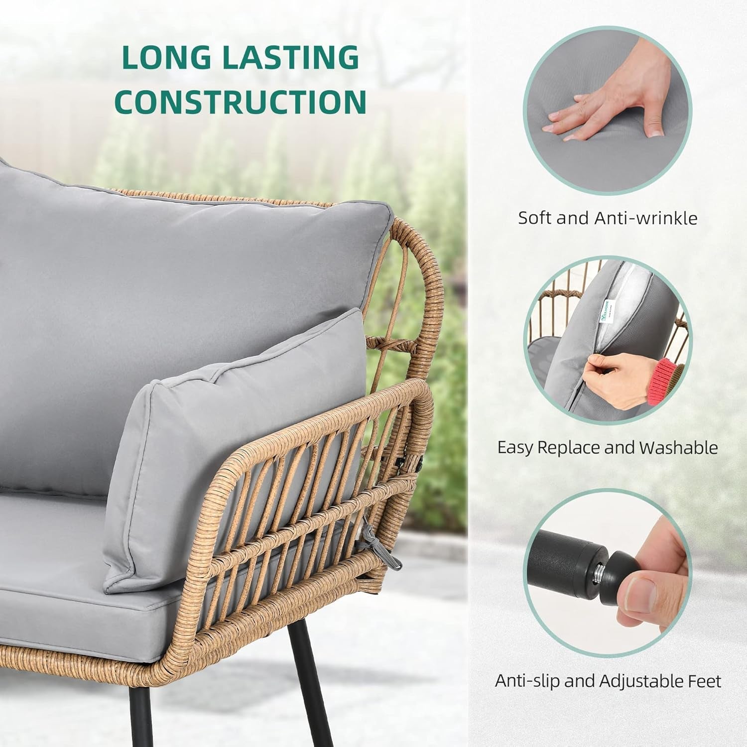 Grey All Weather Wicker Patio Loveseat 2 Seater Cushions