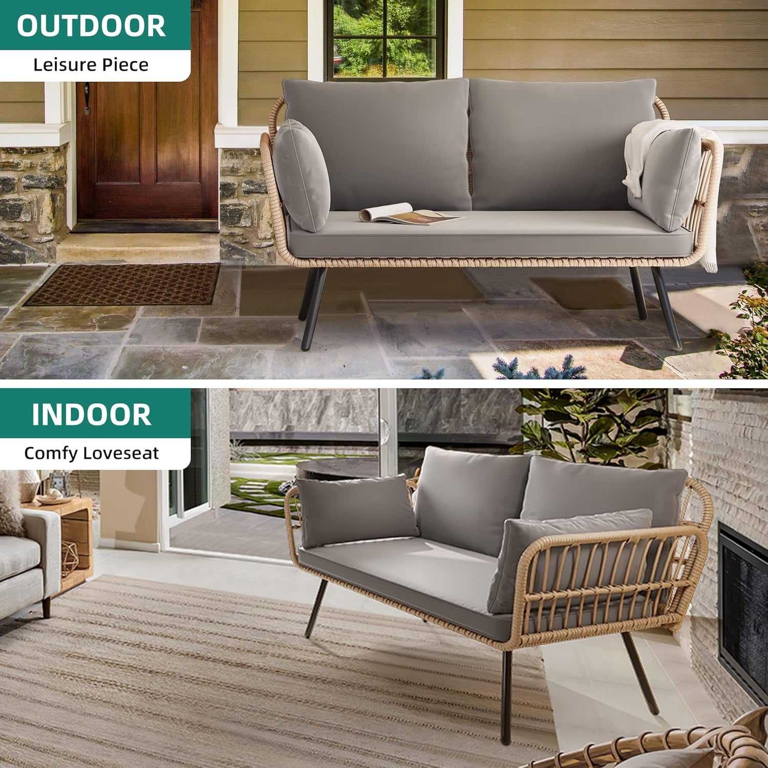 Grey All Weather Wicker Patio Loveseat 2 Seater Cushions