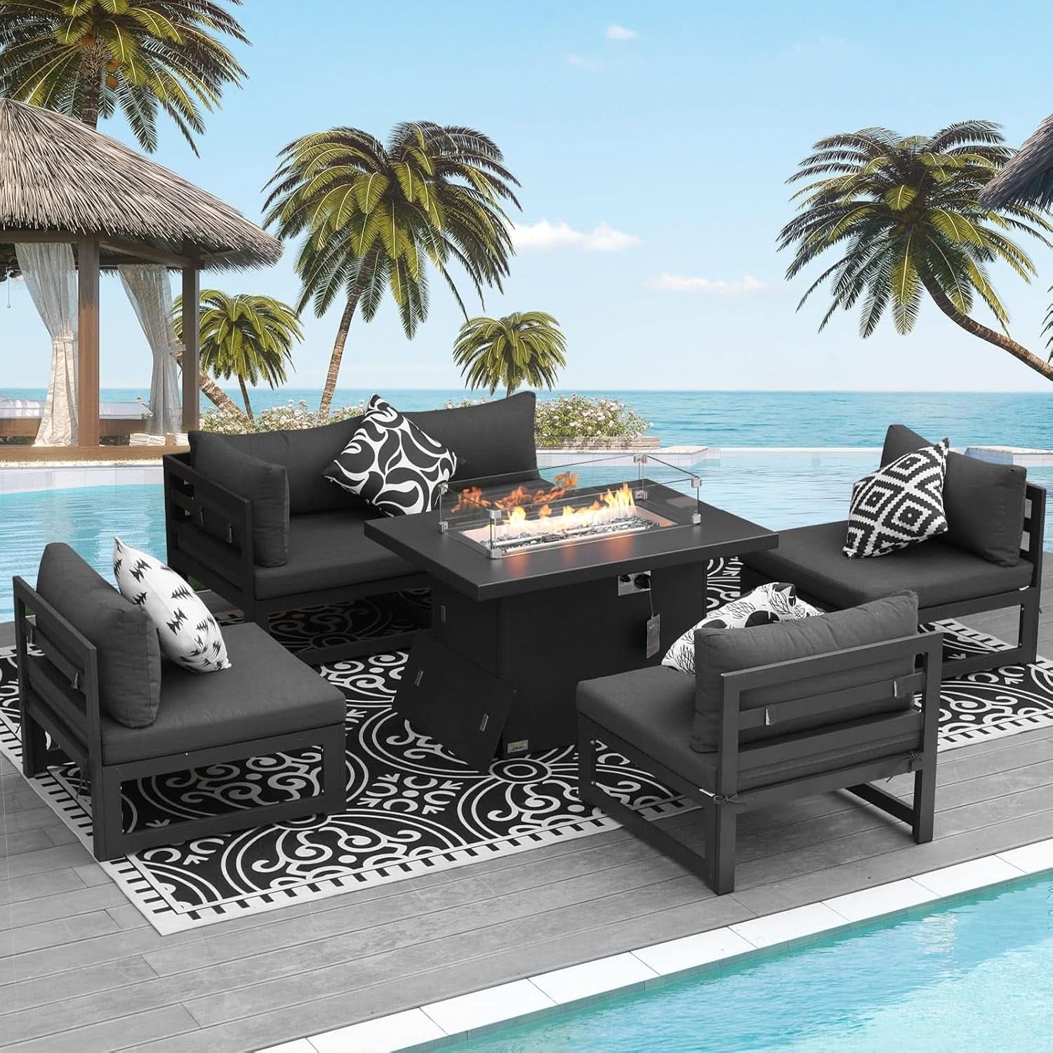 Grey Aluminum 6 Piece Patio Sofa Set With Fire Pit
