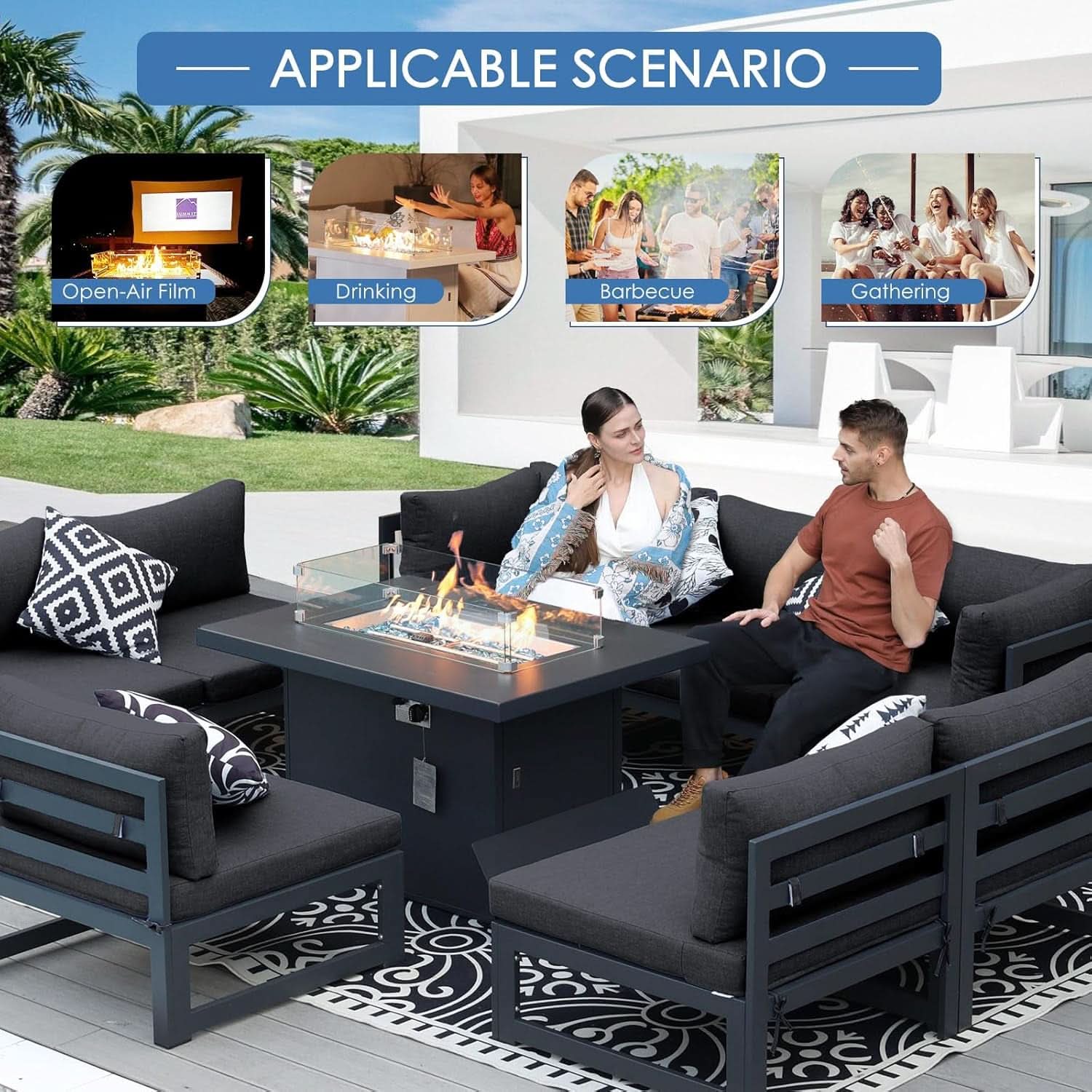 Grey Aluminum 6 Piece Patio Sofa Set With Fire Pit