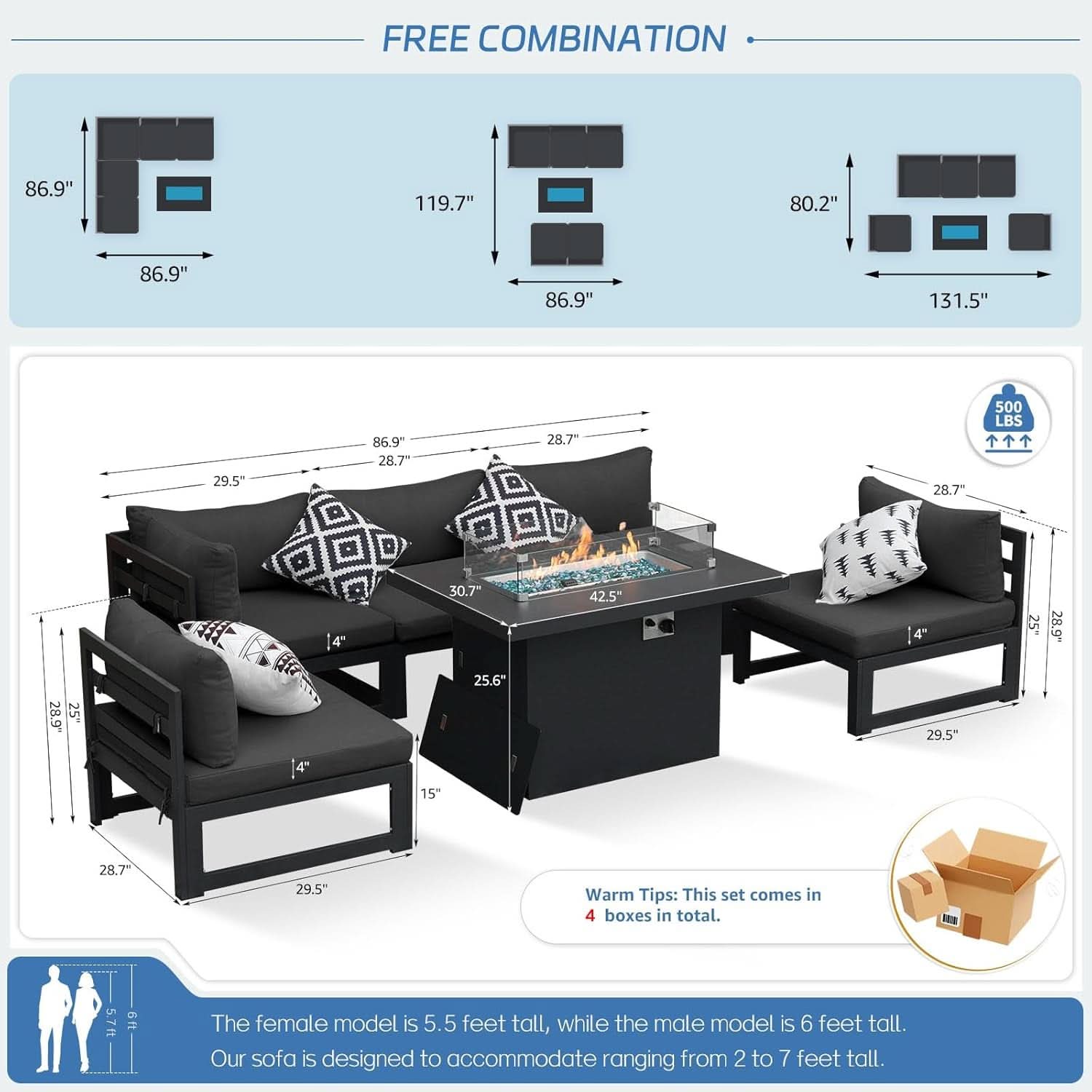 Grey Aluminum 6 Piece Patio Sofa Set With Fire Pit