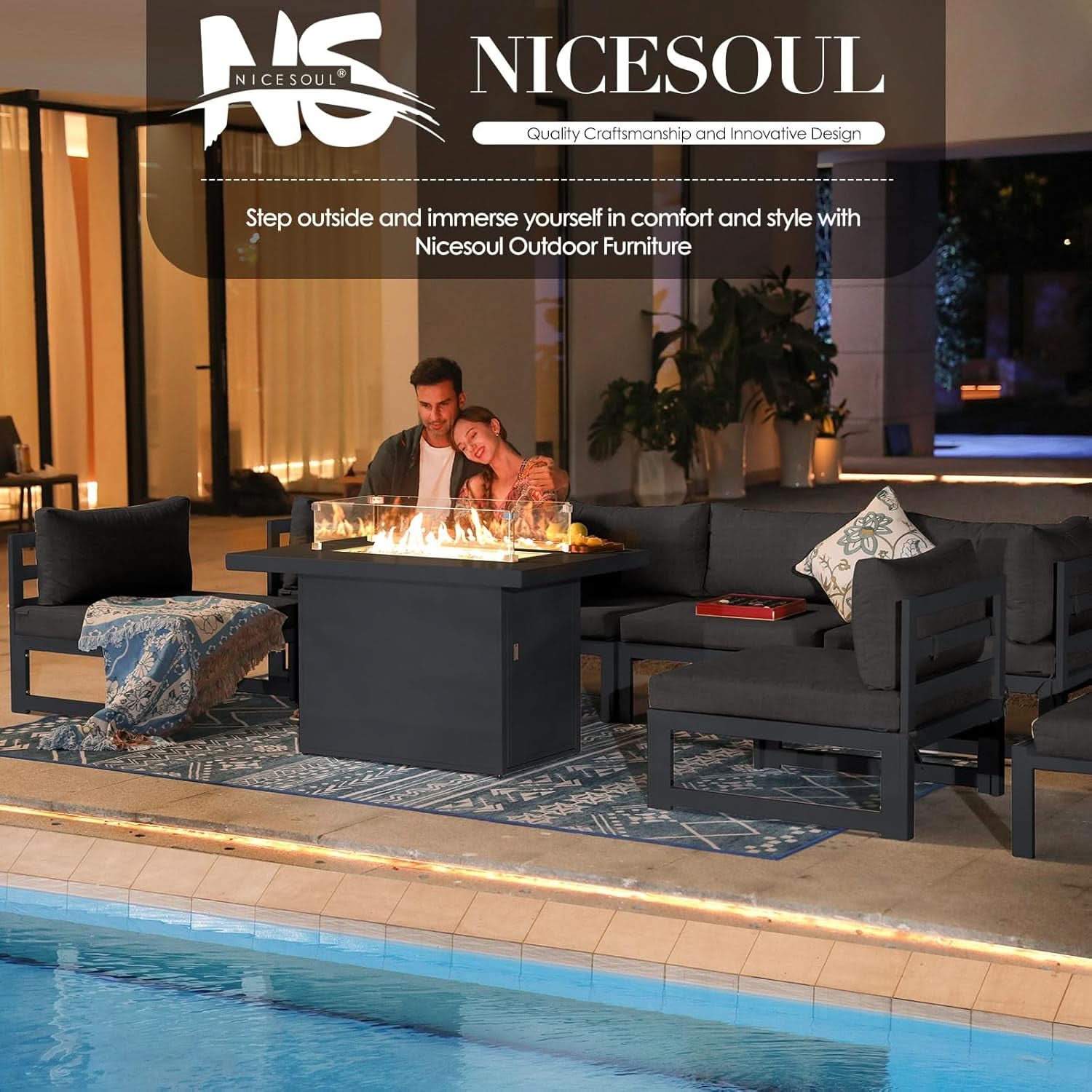 Grey Aluminum 6 Piece Patio Sofa Set With Fire Pit