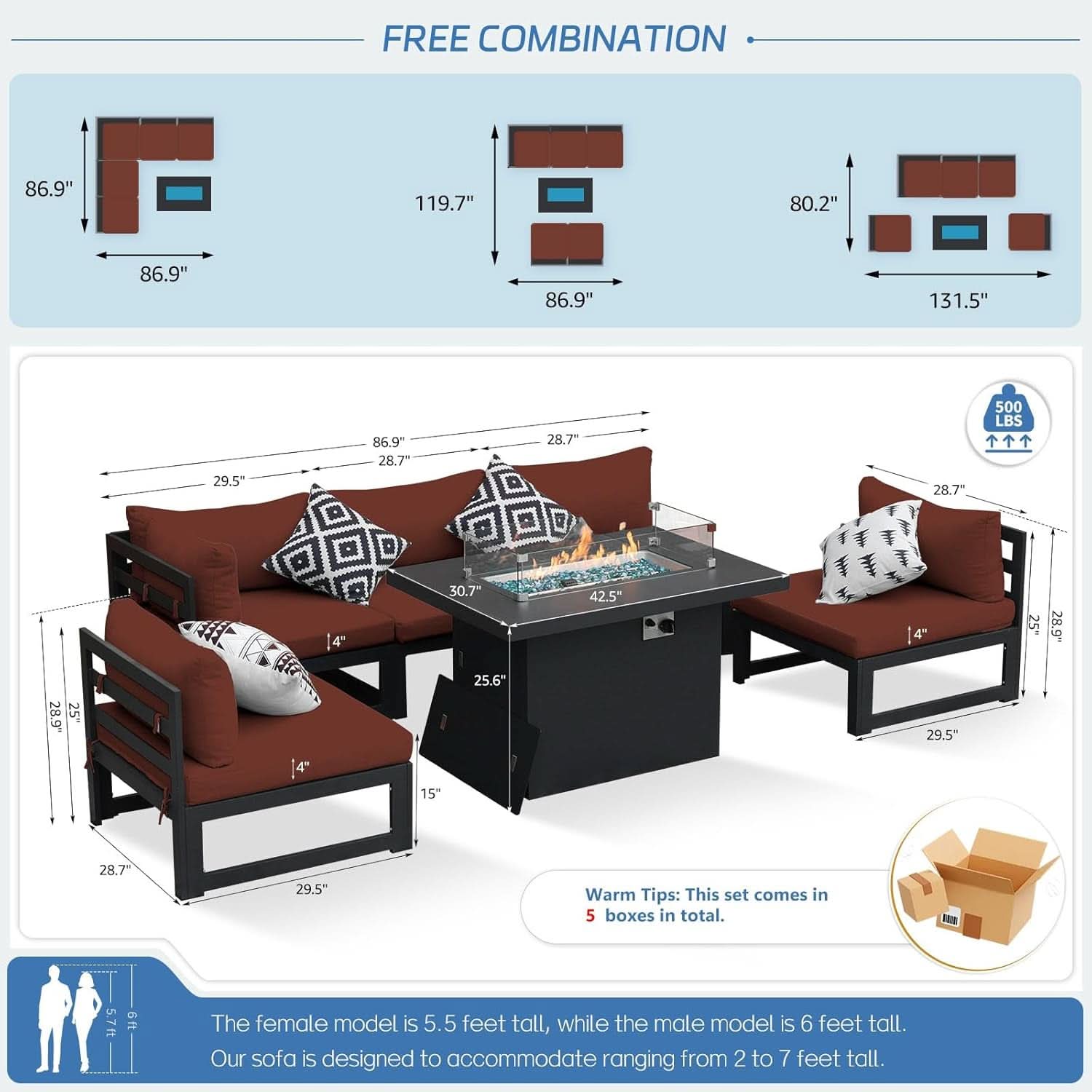Grey Aluminum Outdoor Patio Set With Fire Pit Table