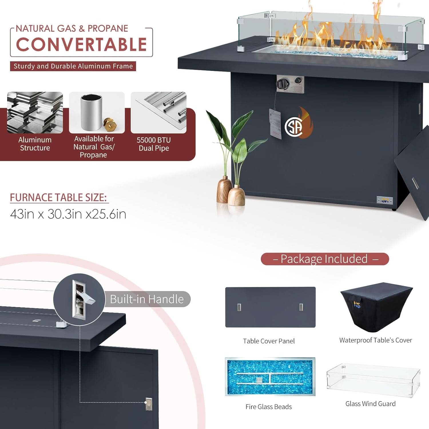 Grey Aluminum Outdoor Patio Set With Fire Pit Table
