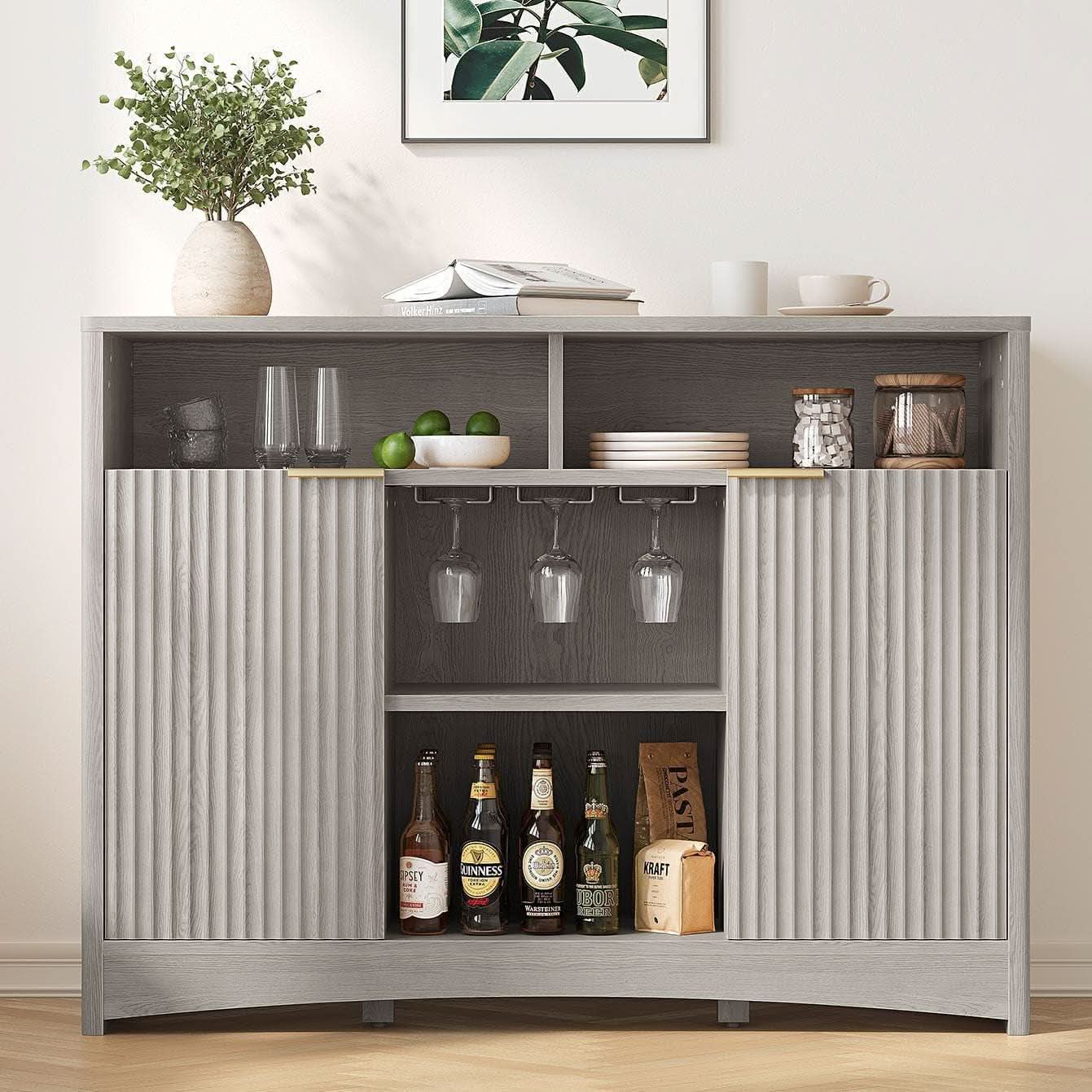 Grey Bar Cabinet With Adjustable Shelves For Home Bar Storage