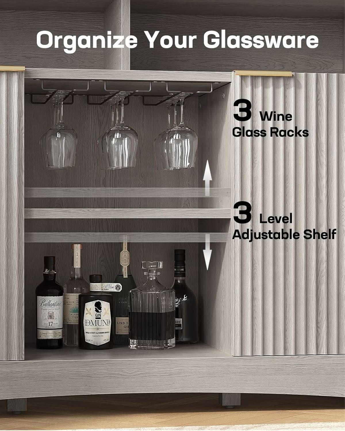 Grey Bar Cabinet With Adjustable Shelves For Home Bar Storage