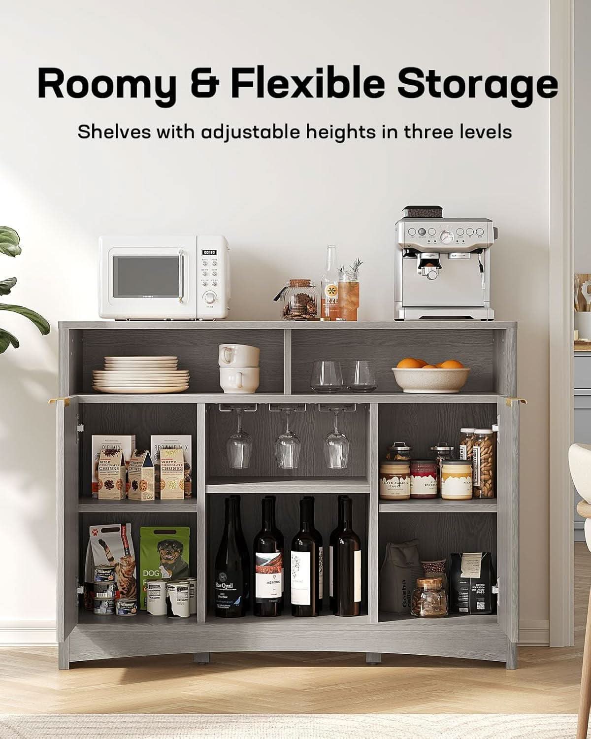 Grey Bar Cabinet With Adjustable Shelves For Home Bar Storage