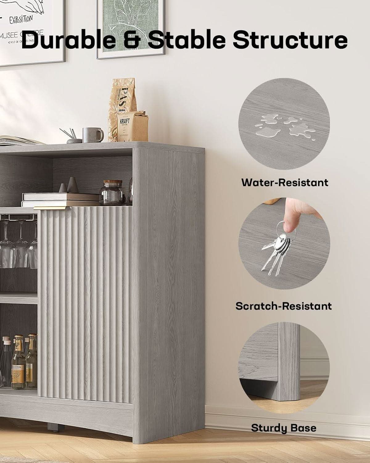 Grey Bar Cabinet With Adjustable Shelves For Home Bar Storage