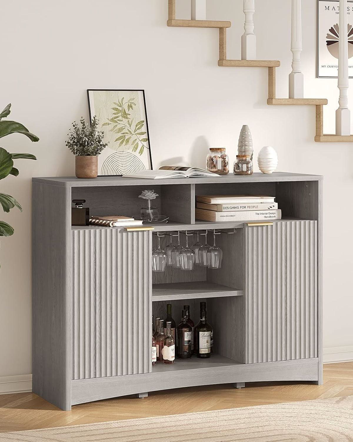 Grey Bar Cabinet With Adjustable Shelves For Home Bar Storage