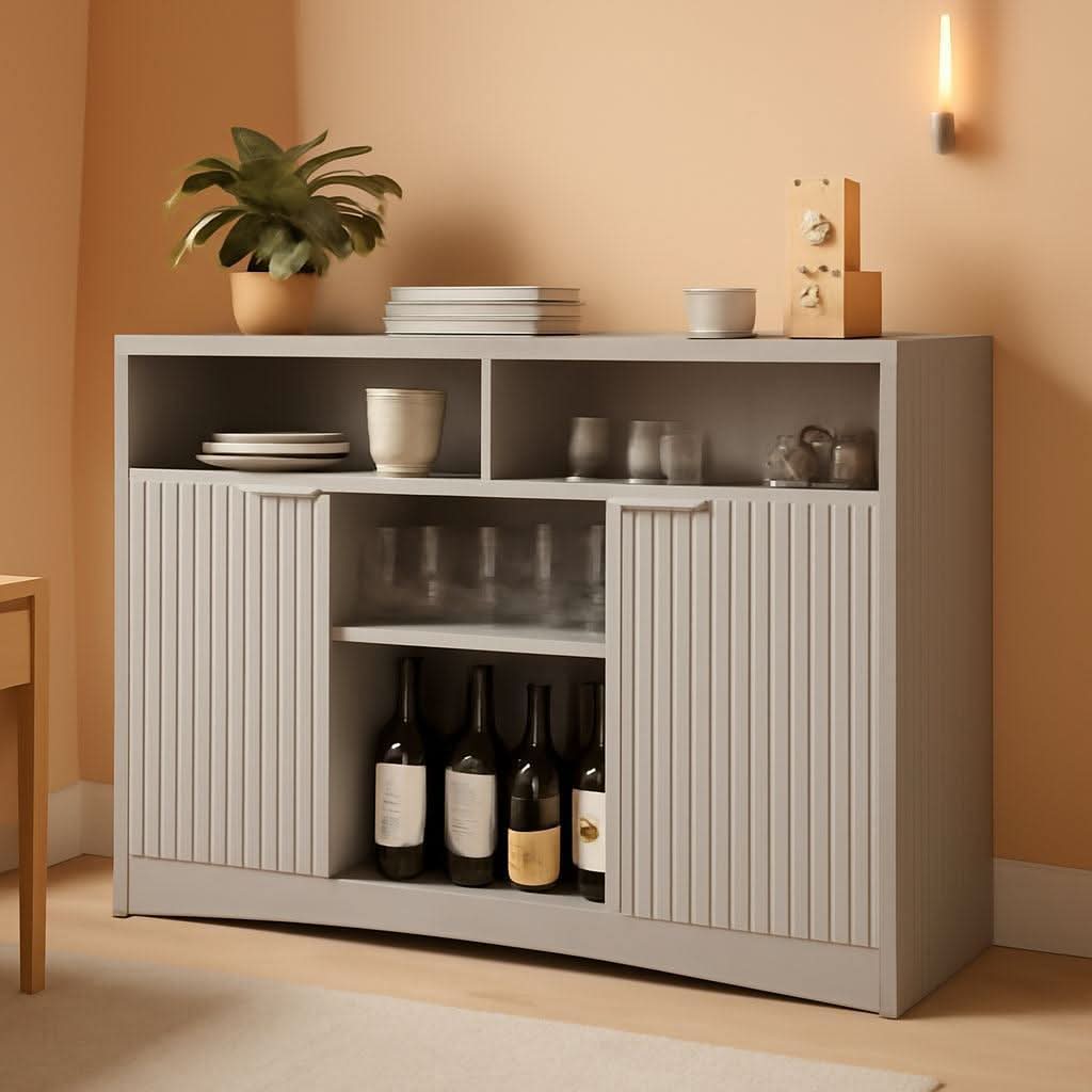 Grey Bar Cabinet With Adjustable Shelves For Home Bar Storage