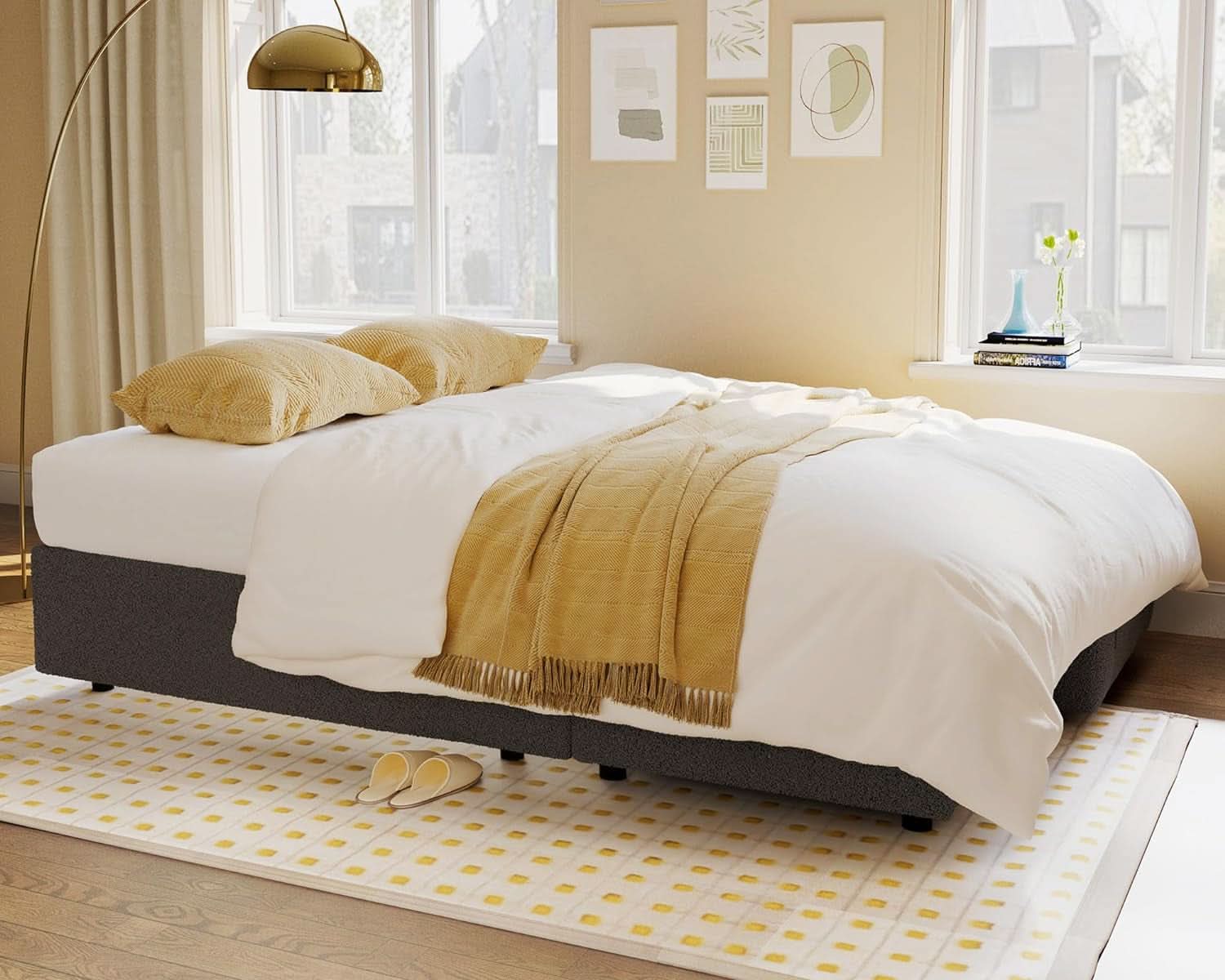 Grey Boucle Upholstered Convertible Sofa Bed Storage