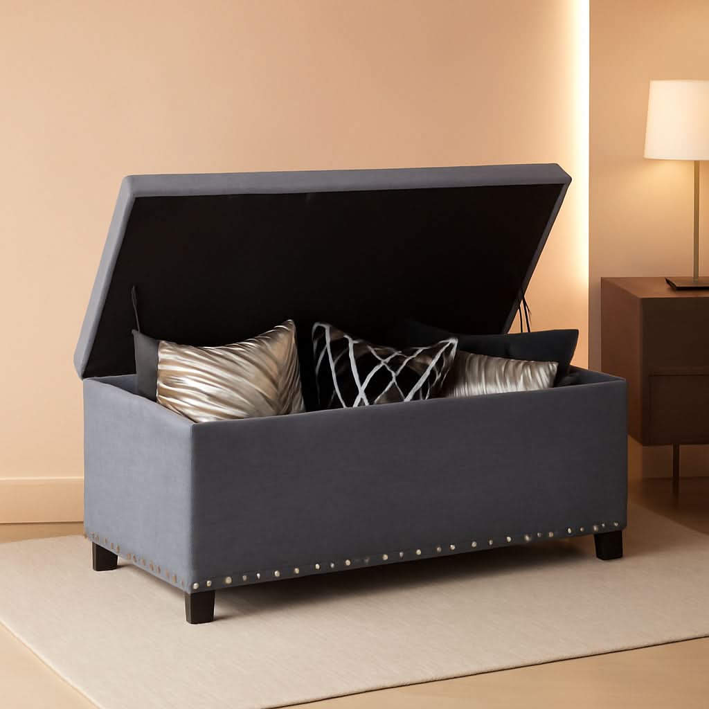Grey Button Tufted Storage Ottoman For Living Room