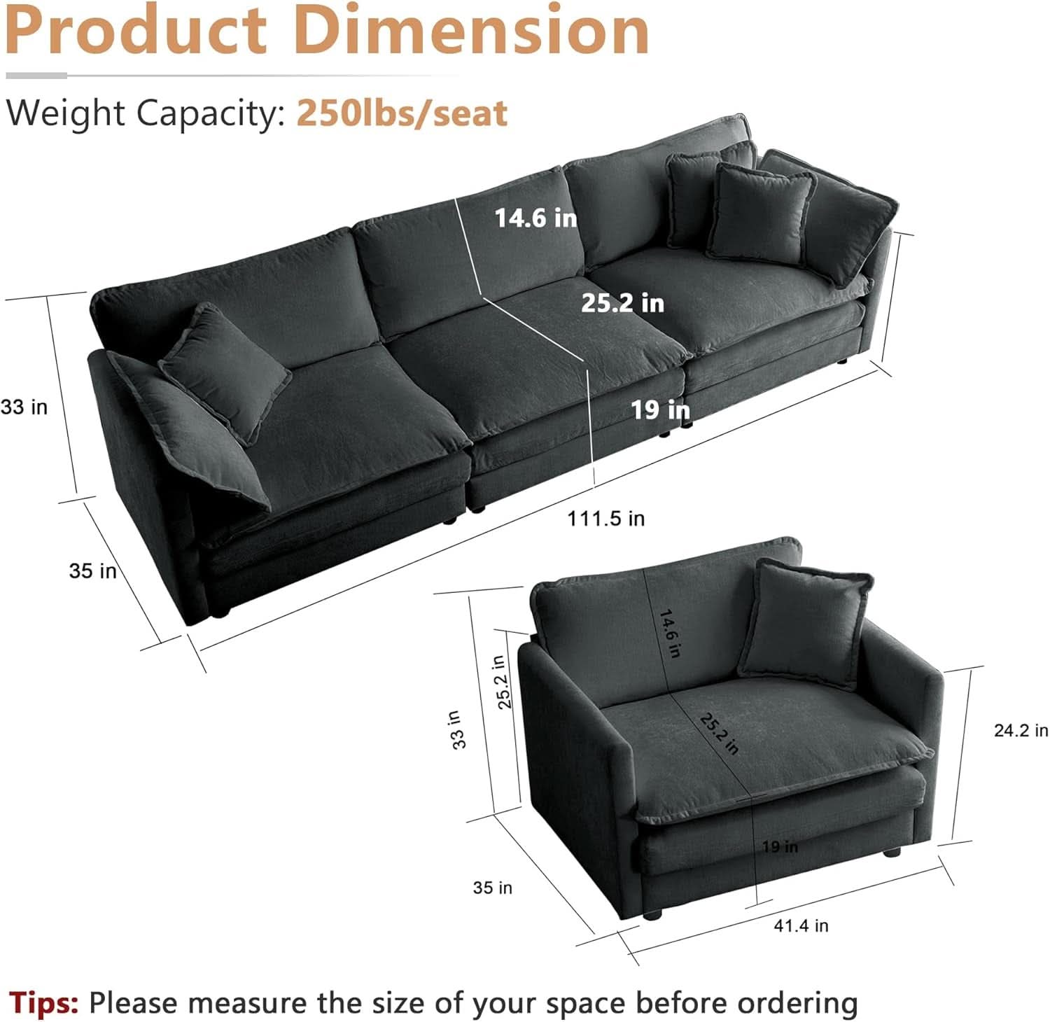 Grey Chenille 3 Piece Sofa Set With Two Single Sofas And One 3 Seater