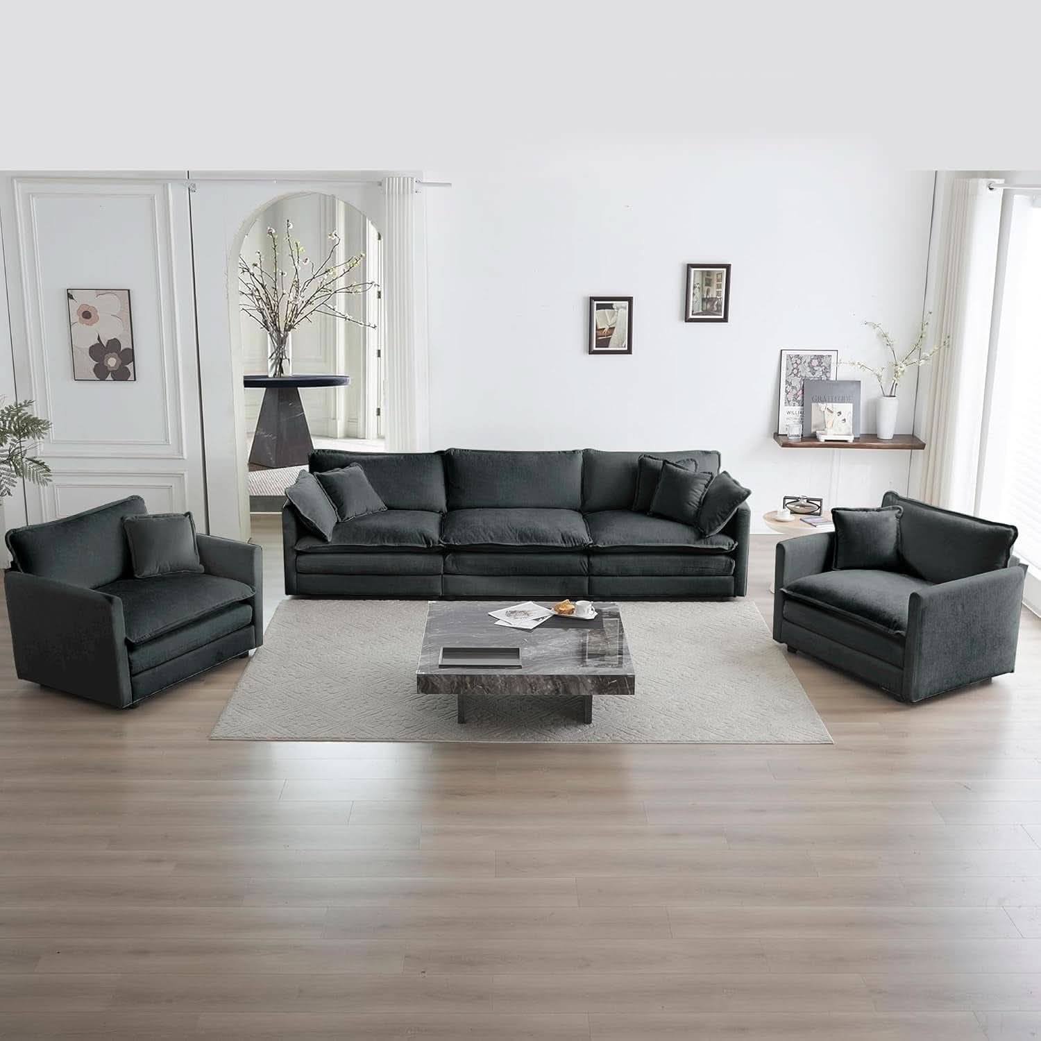 Grey Chenille 3 Piece Sofa Set With Two Single Sofas And One 3 Seater