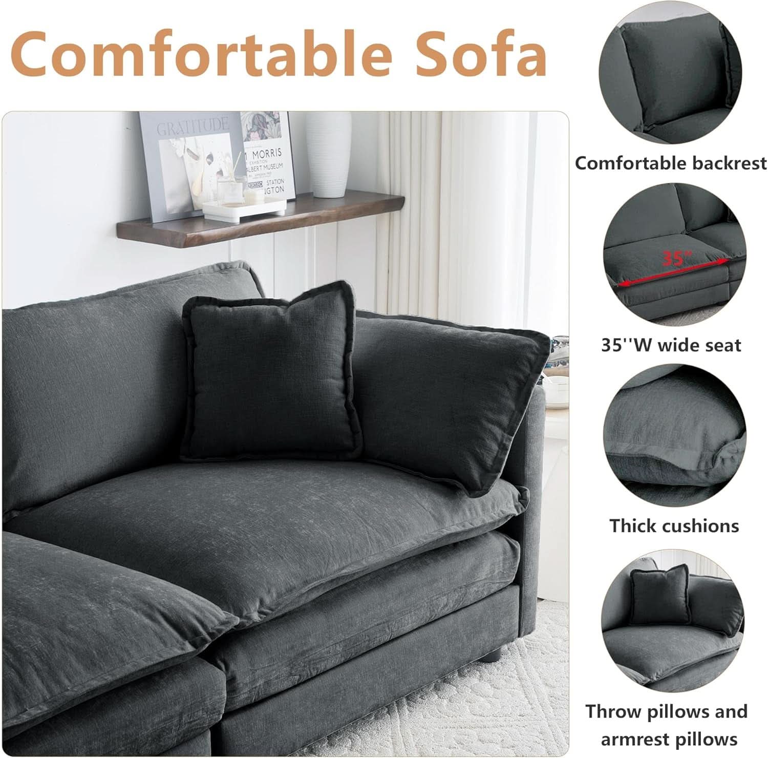 Grey Chenille 3 Piece Sofa Set With Two Single Sofas And One 3 Seater