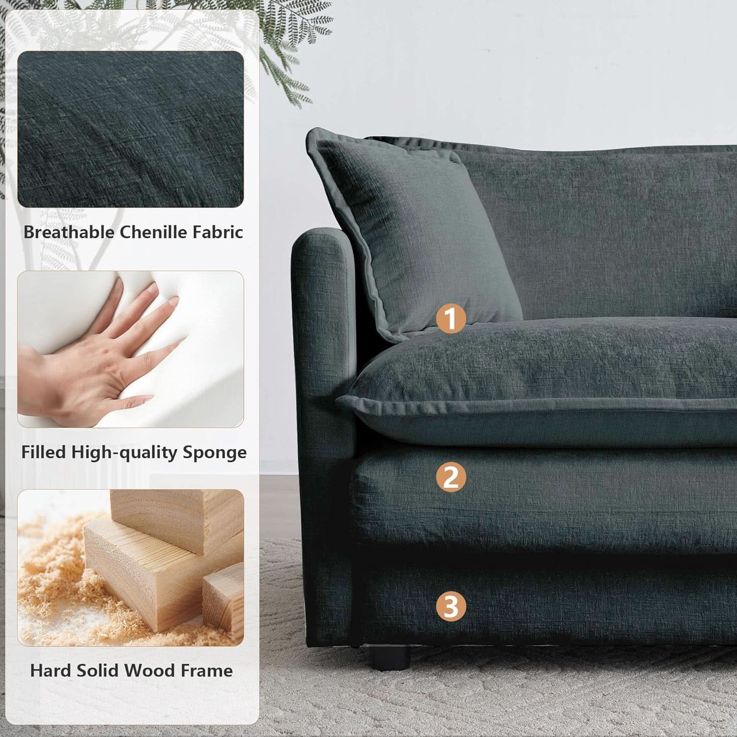 Grey Chenille 3 Piece Sofa Set With Two Single Sofas And One 3 Seater